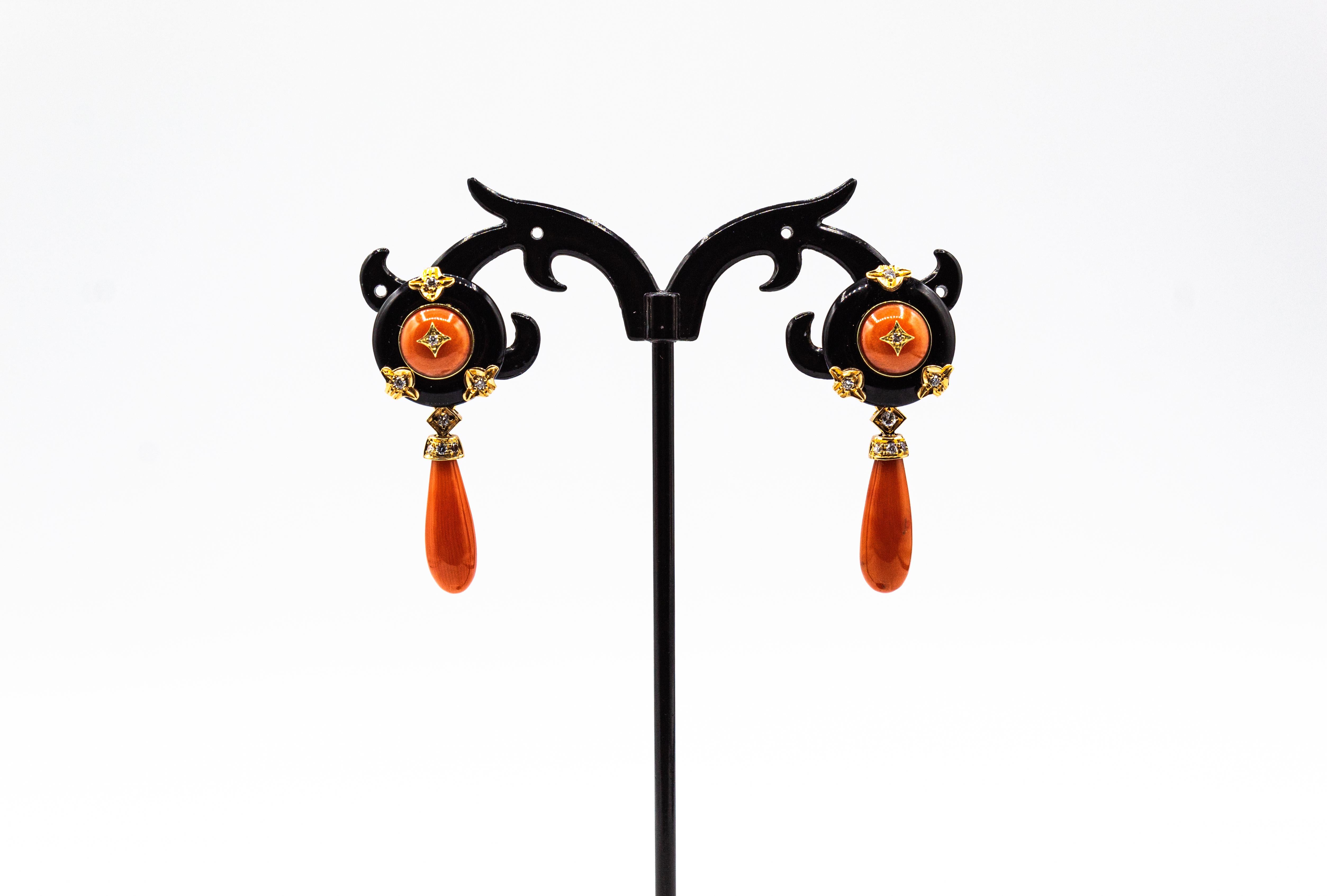 Brilliant Cut Art Deco Style Mediterranean Red Coral White Diamond Onyx Yellow Gold Earrings For Sale