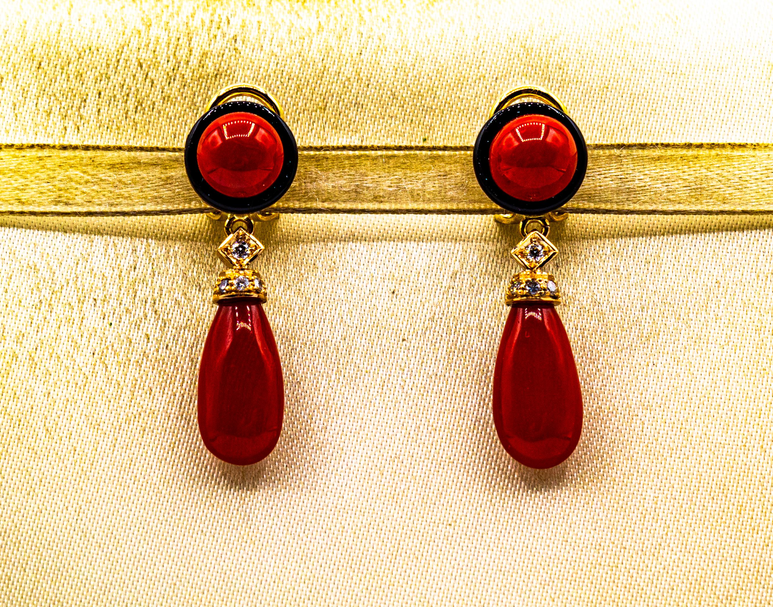 Brilliant Cut Art Deco Style Mediterranean Red Coral White Diamond Onyx Yellow Gold Earrings For Sale