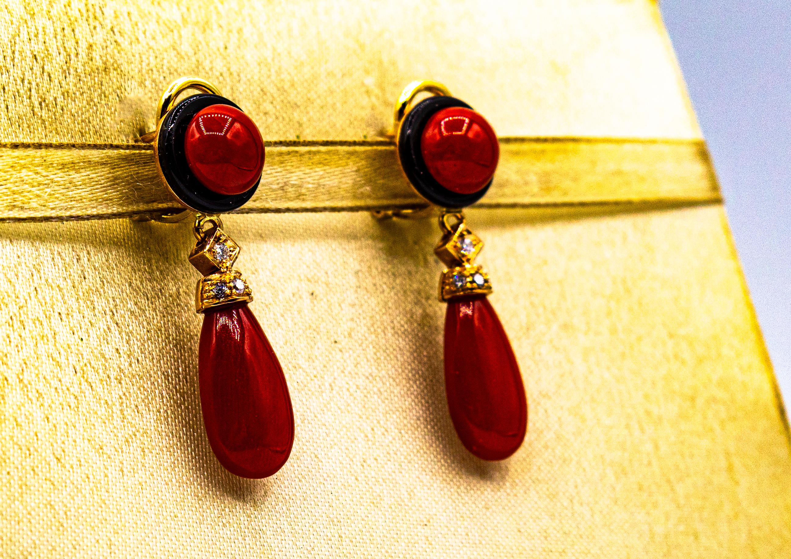 Art Deco Style Mediterranean Red Coral White Diamond Onyx Yellow Gold Earrings In New Condition For Sale In Naples, IT