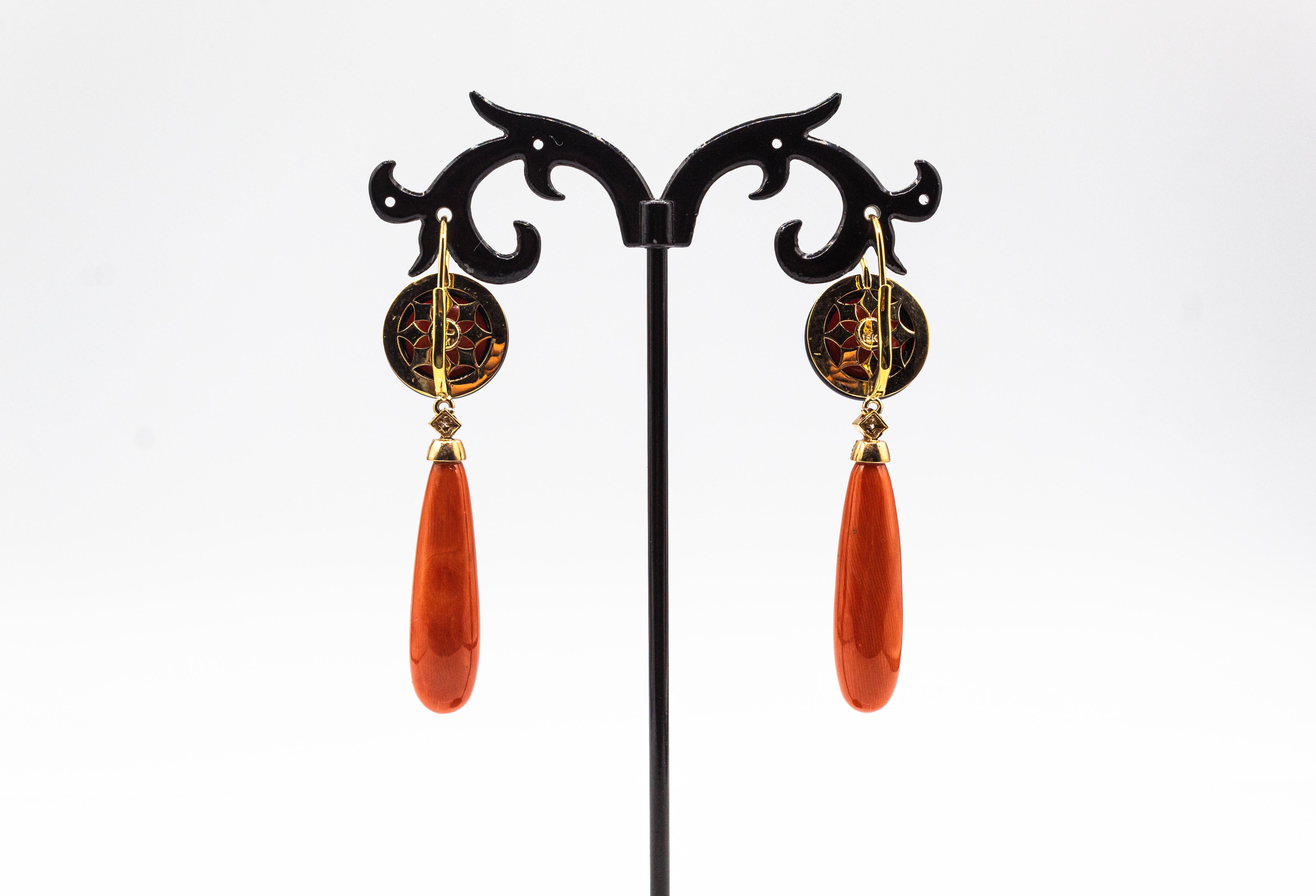 Art Deco Style Mediterranean Red Coral White Diamond Onyx Yellow Gold Earrings In New Condition In Naples, IT