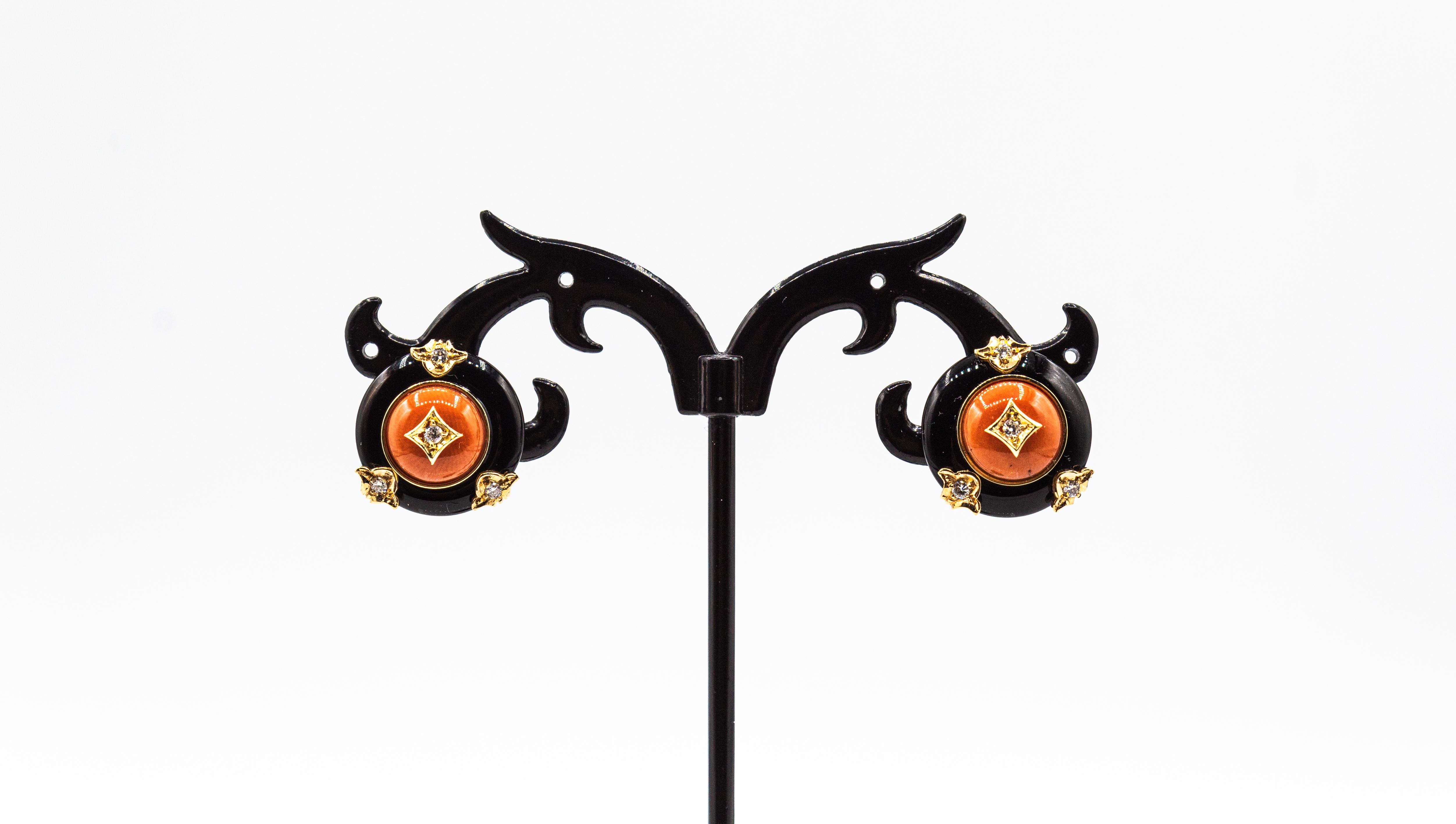 Art Deco Style Mediterranean Red Coral White Diamond Onyx Yellow Gold Earrings In New Condition In Naples, IT