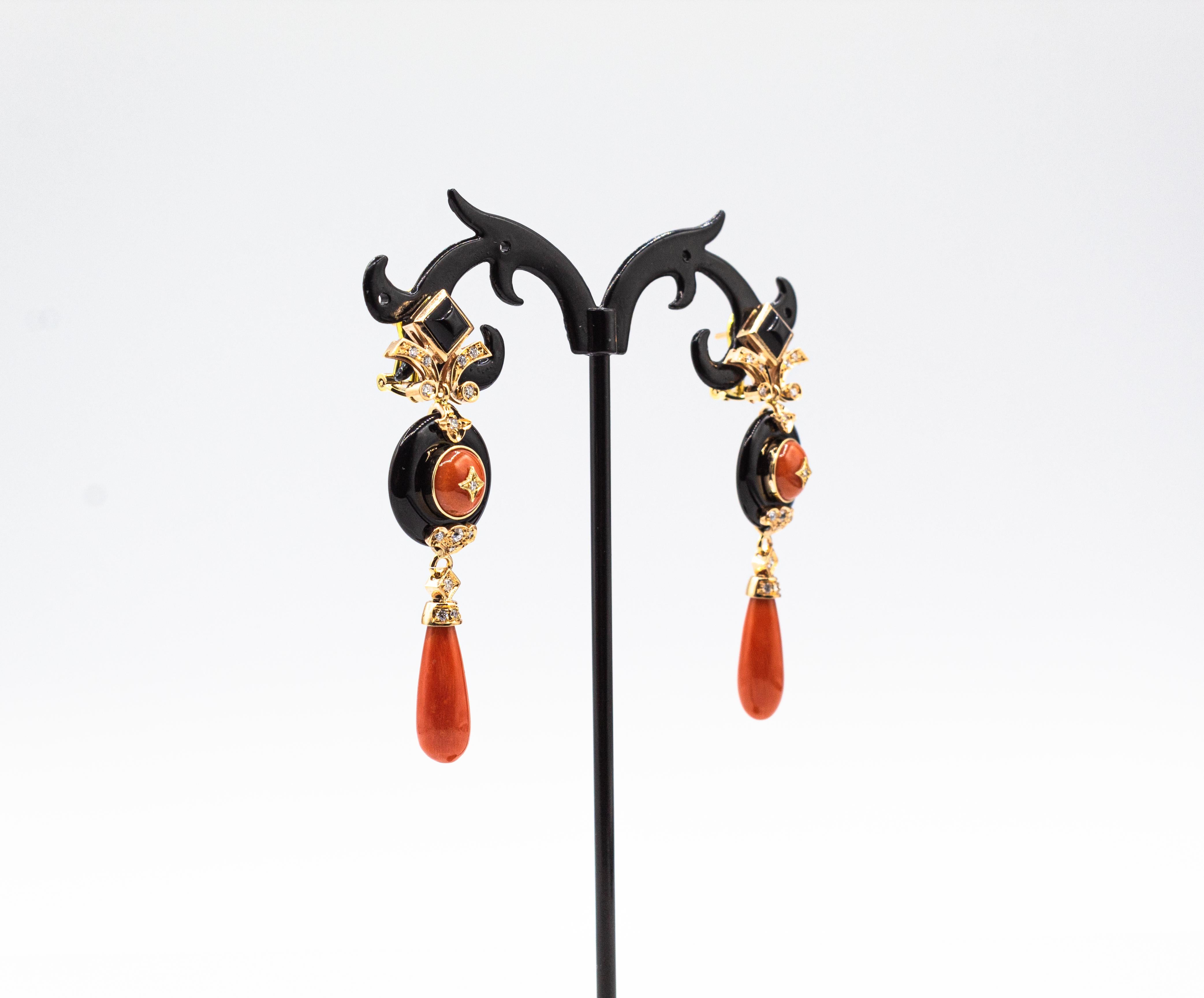 Art Deco Style Mediterranean Red Coral White Diamond Onyx Yellow Gold Earrings In New Condition In Naples, IT