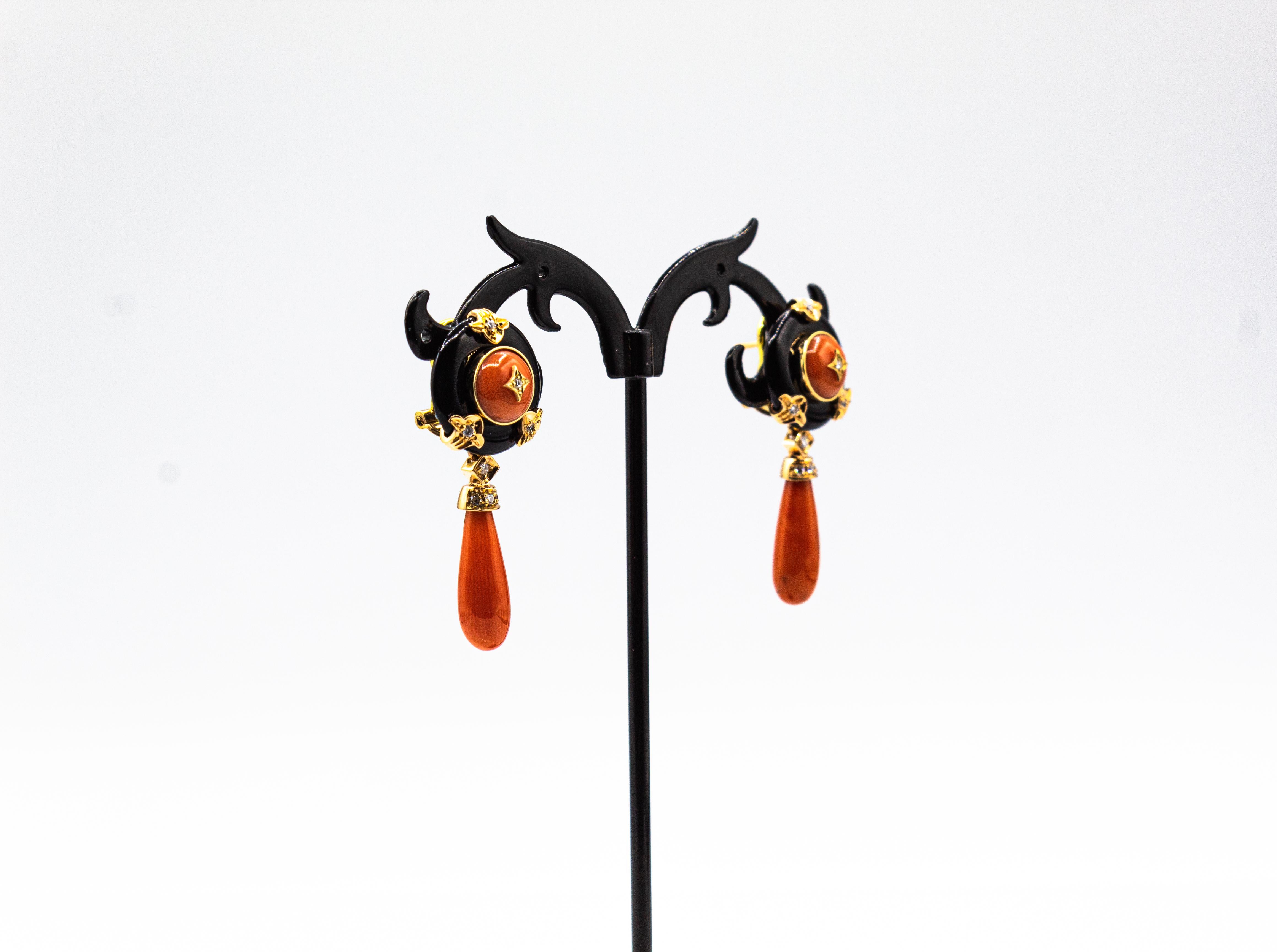 Art Deco Style Mediterranean Red Coral White Diamond Onyx Yellow Gold Earrings In New Condition For Sale In Naples, IT