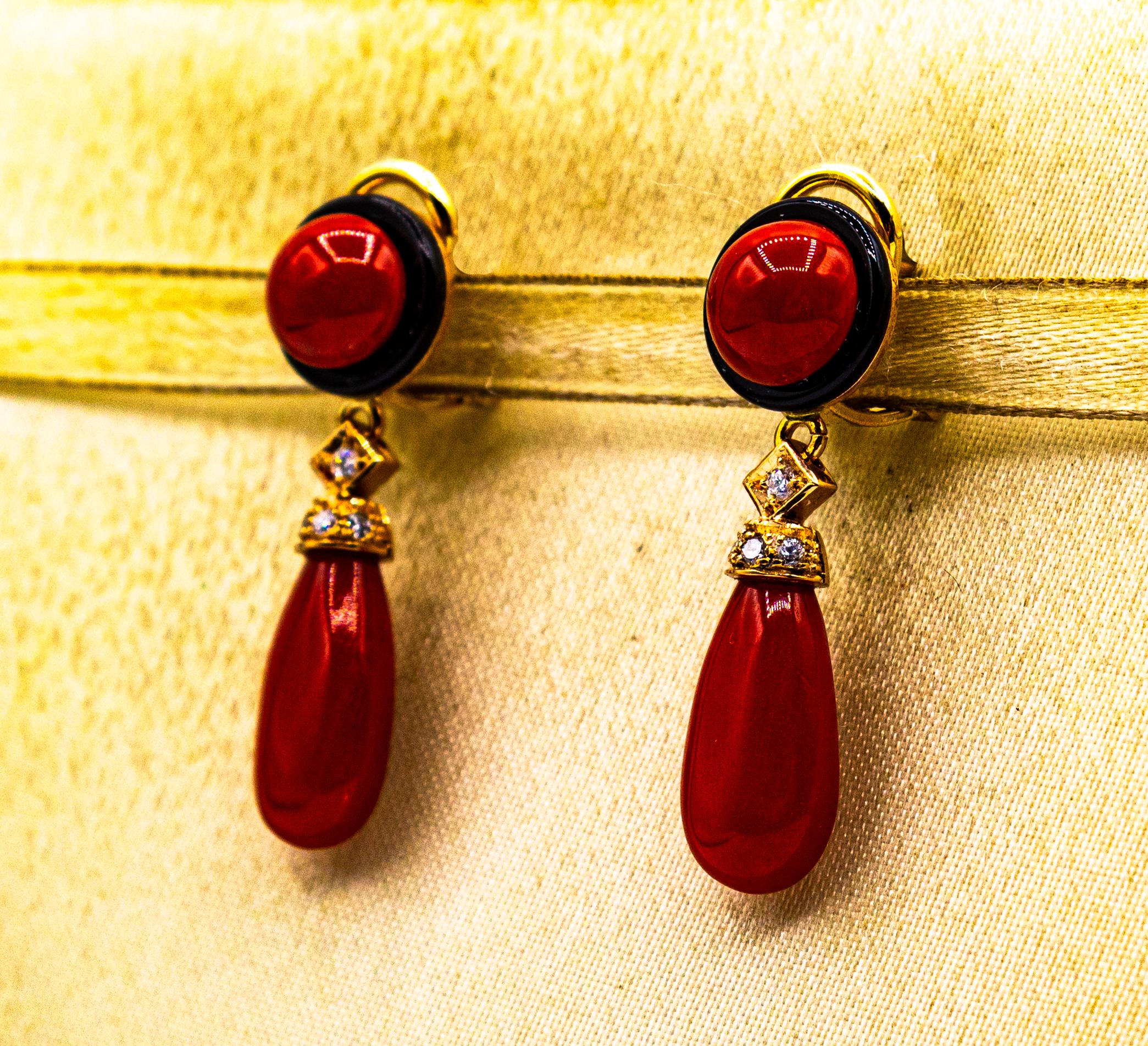 Women's or Men's Art Deco Style Mediterranean Red Coral White Diamond Onyx Yellow Gold Earrings