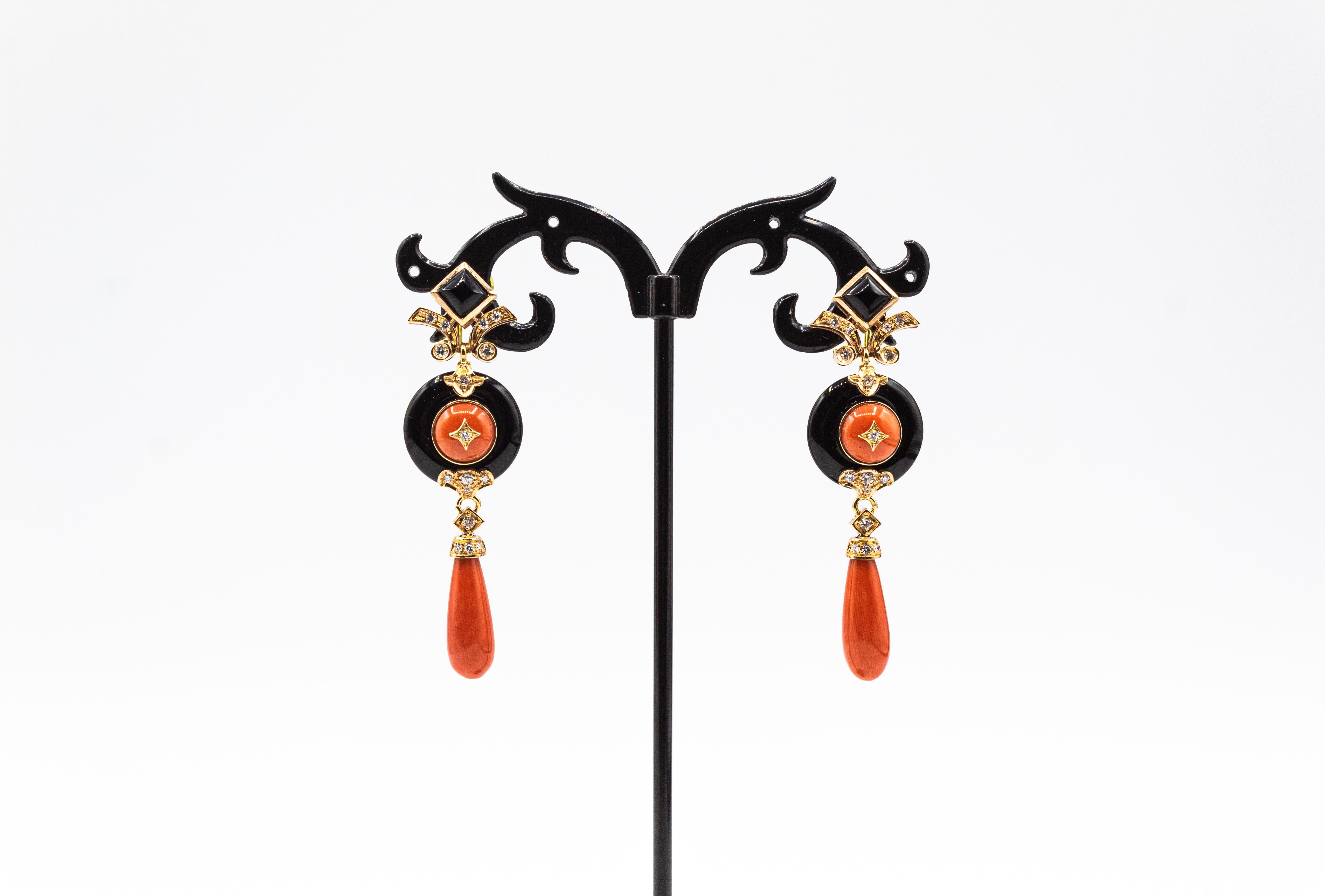 Art Deco Style Mediterranean Red Coral White Diamond Onyx Yellow Gold Earrings In New Condition In Naples, IT