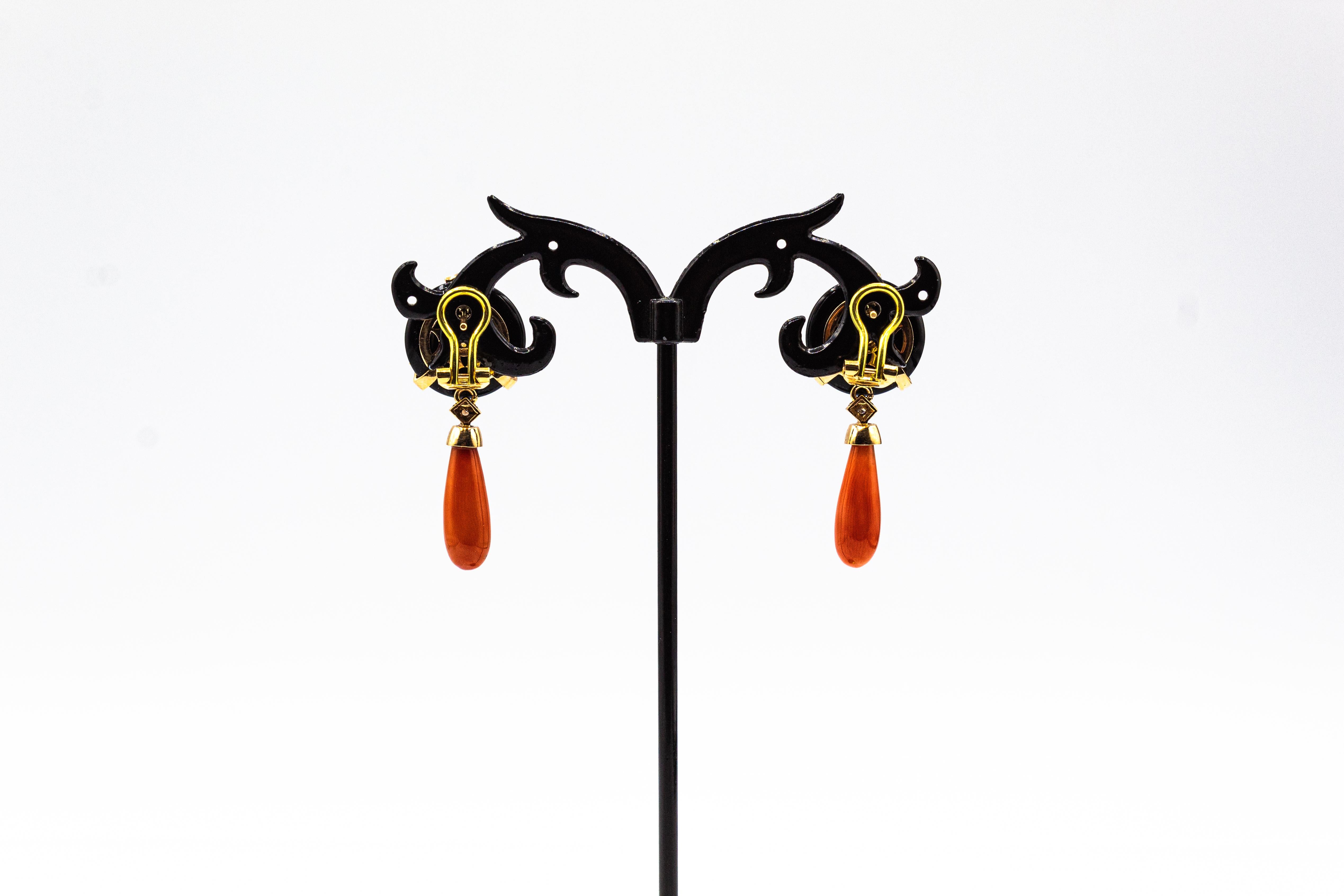Women's or Men's Art Deco Style Mediterranean Red Coral White Diamond Onyx Yellow Gold Earrings For Sale
