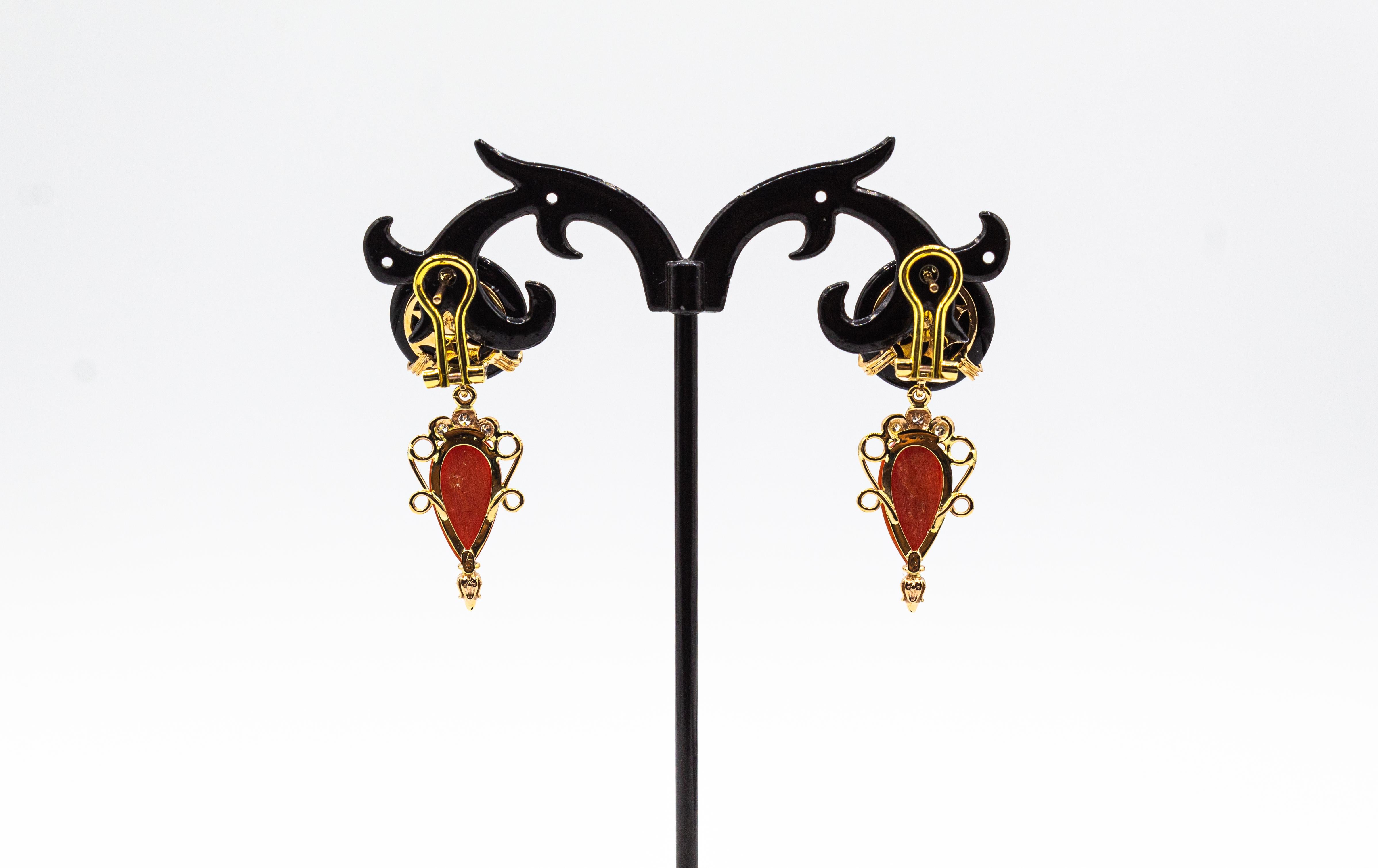 Women's or Men's Art Deco Style Mediterranean Red Coral White Diamond Onyx Yellow Gold Earrings For Sale