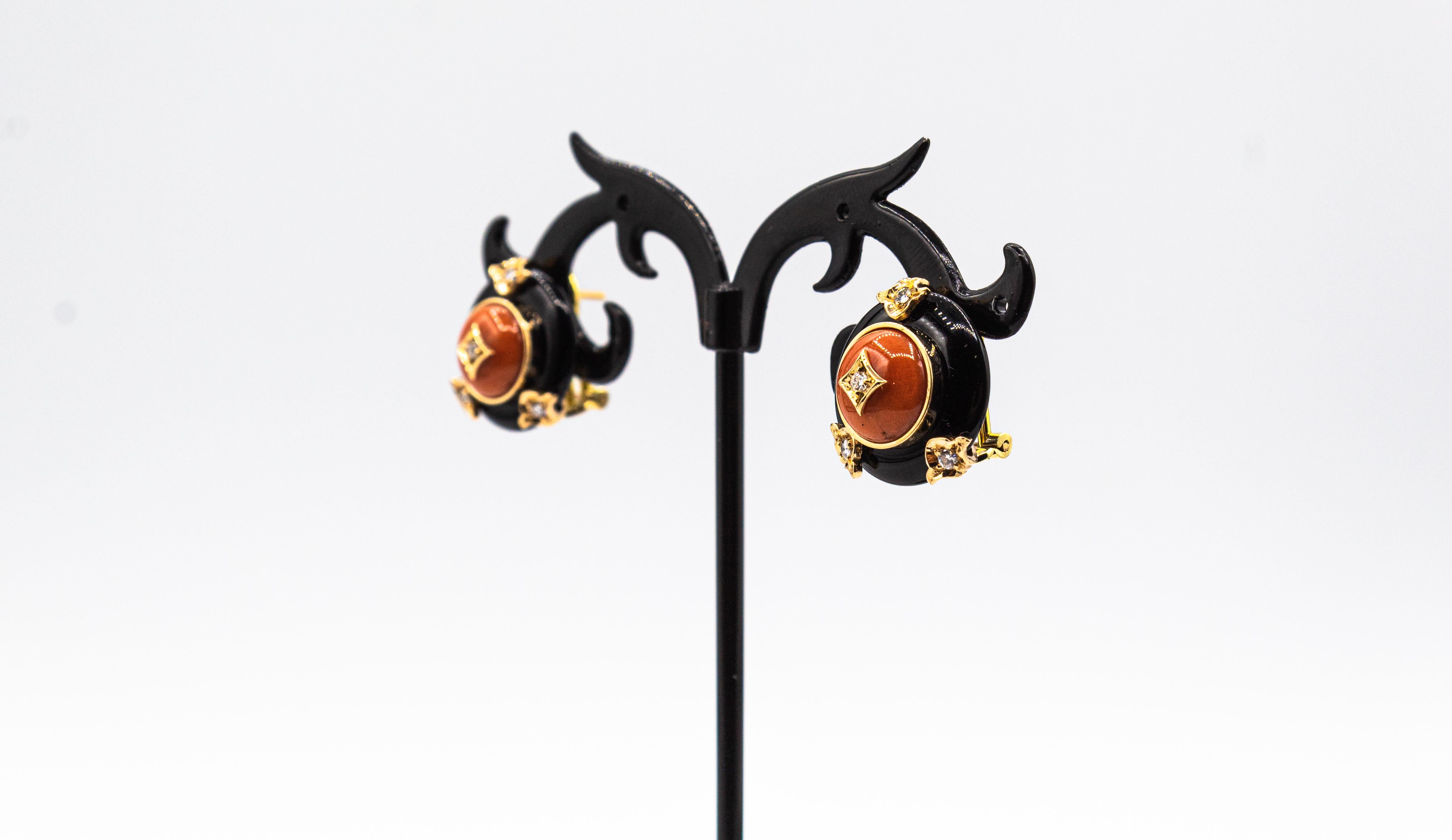 Women's or Men's Art Deco Style Mediterranean Red Coral White Diamond Onyx Yellow Gold Earrings