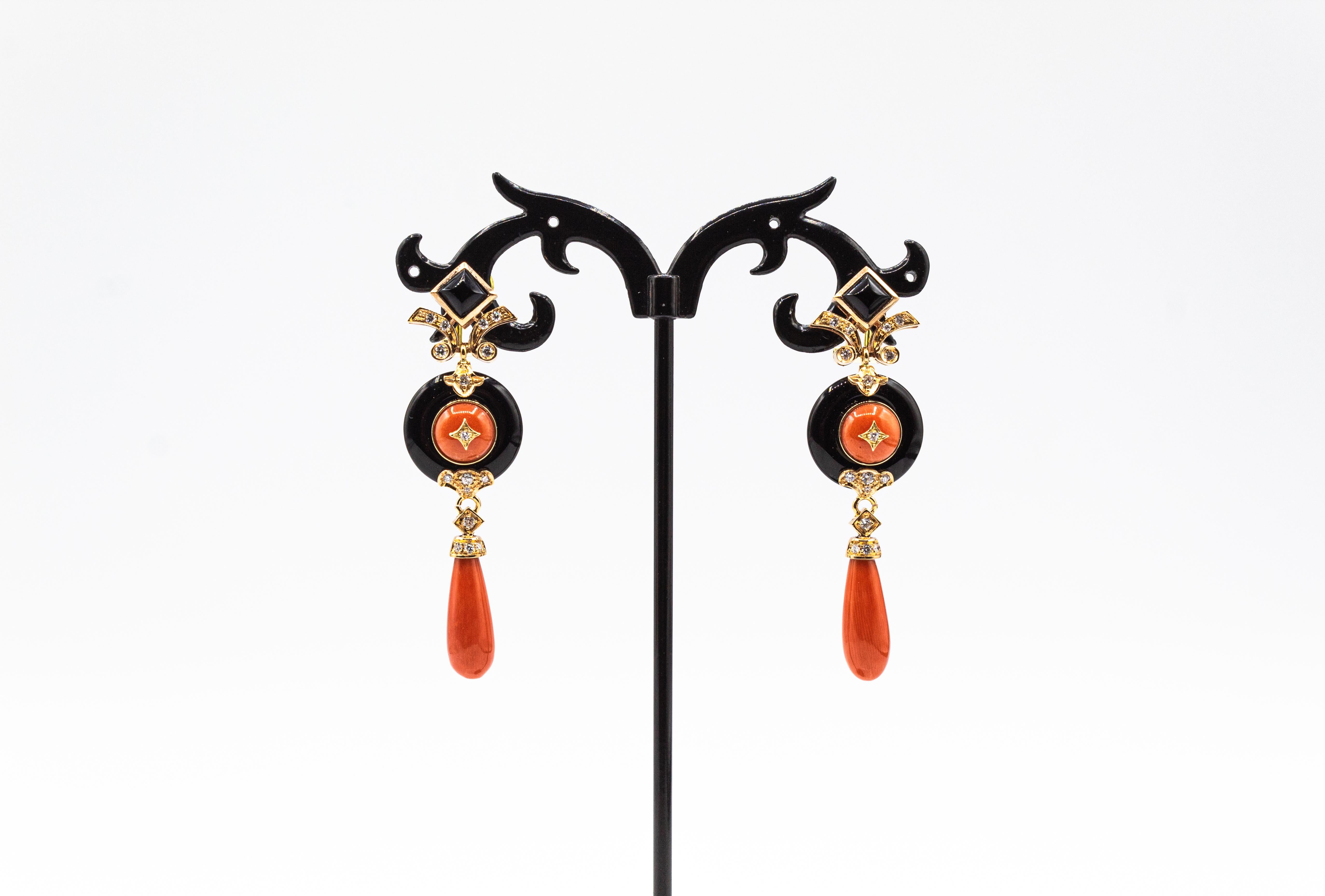 Women's or Men's Art Deco Style Mediterranean Red Coral White Diamond Onyx Yellow Gold Earrings