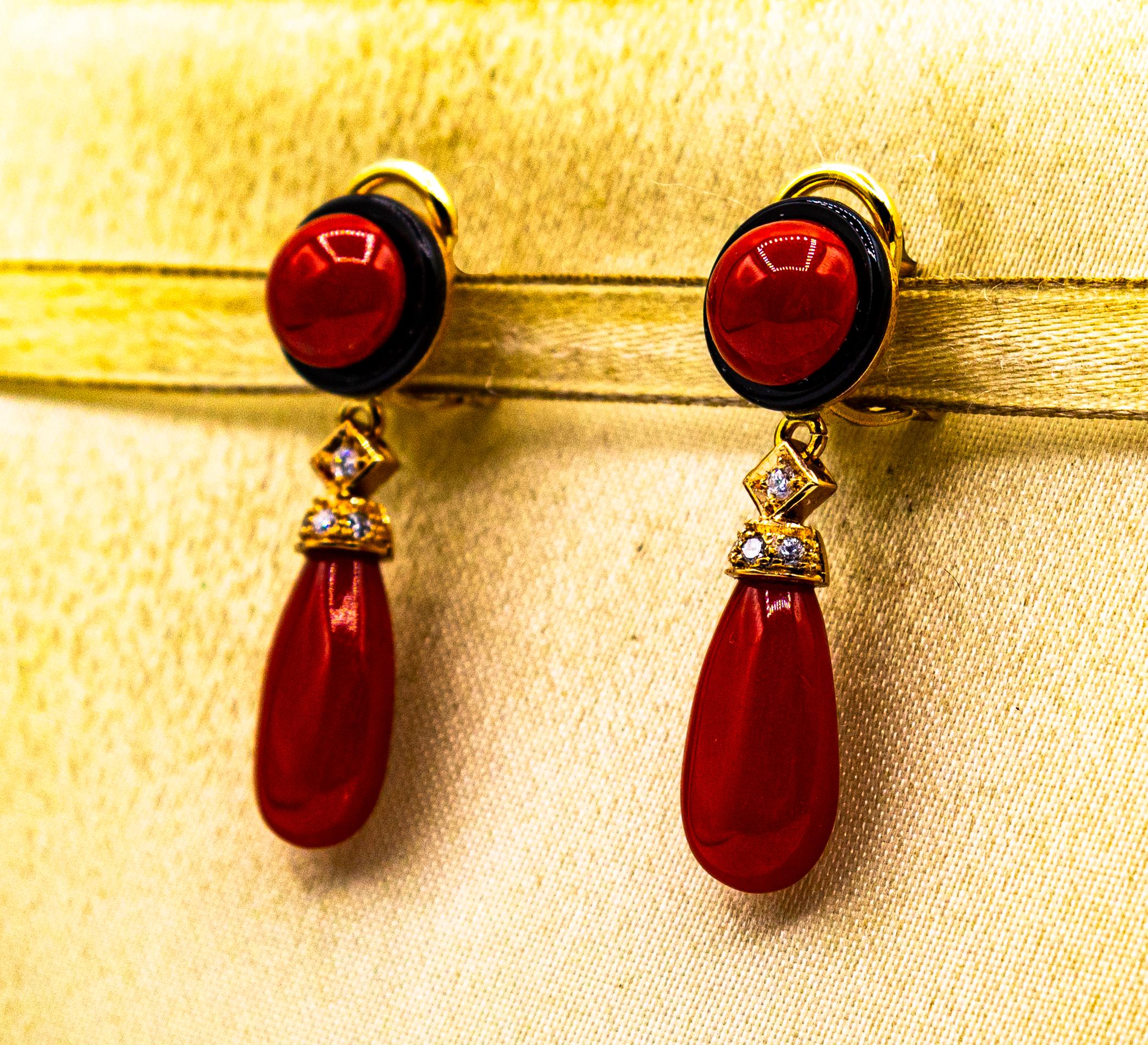 Women's or Men's Art Deco Style Mediterranean Red Coral White Diamond Onyx Yellow Gold Earrings For Sale