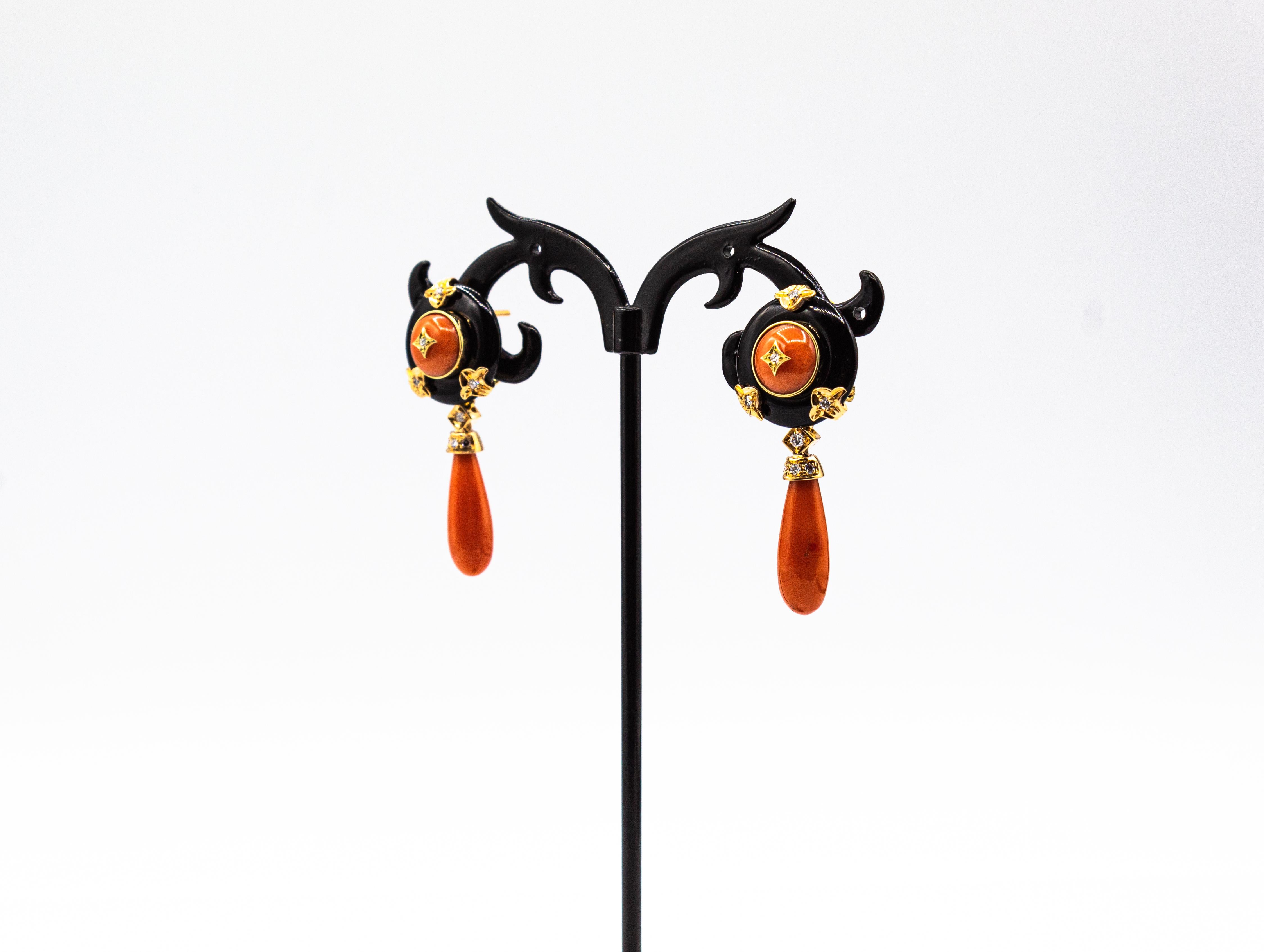 Art Deco Style Mediterranean Red Coral White Diamond Onyx Yellow Gold Earrings For Sale 1