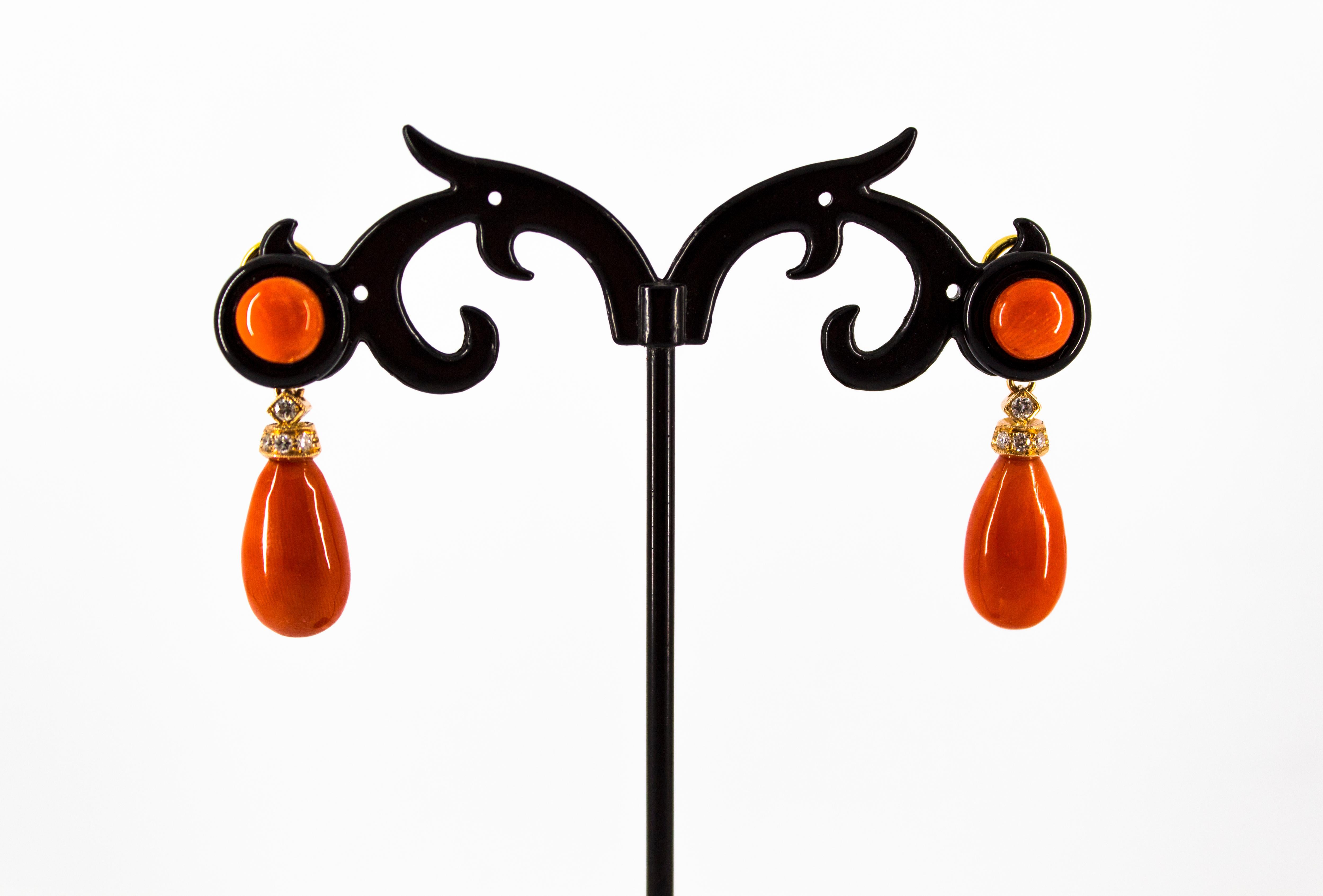 Art Deco Style Mediterranean Red Coral White Diamond Onyx Yellow Gold Earrings For Sale 1