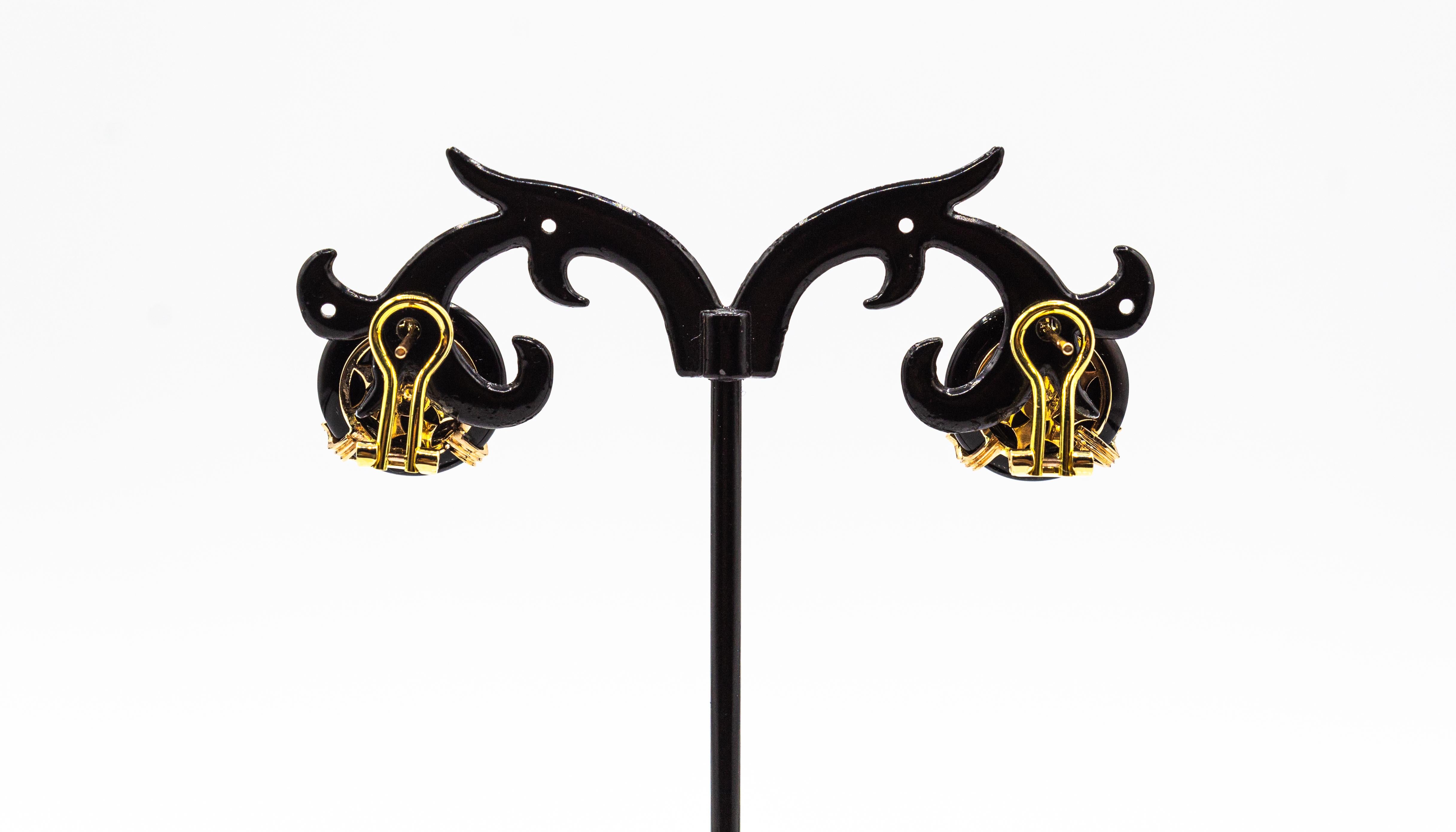 Art Deco Style Mediterranean Red Coral White Diamond Onyx Yellow Gold Earrings 1