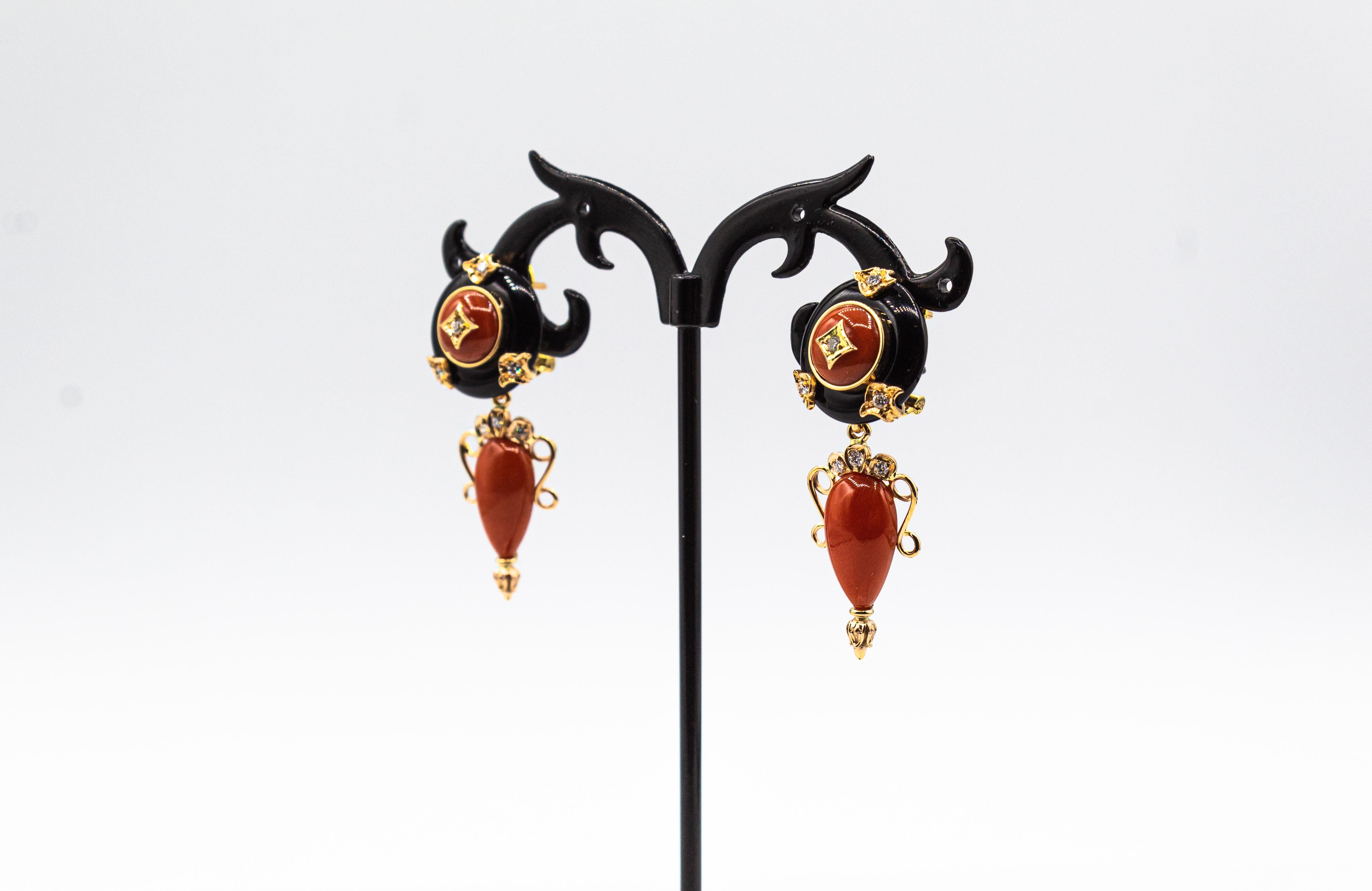 Art Deco Style Mediterranean Red Coral White Diamond Onyx Yellow Gold Earrings For Sale 1