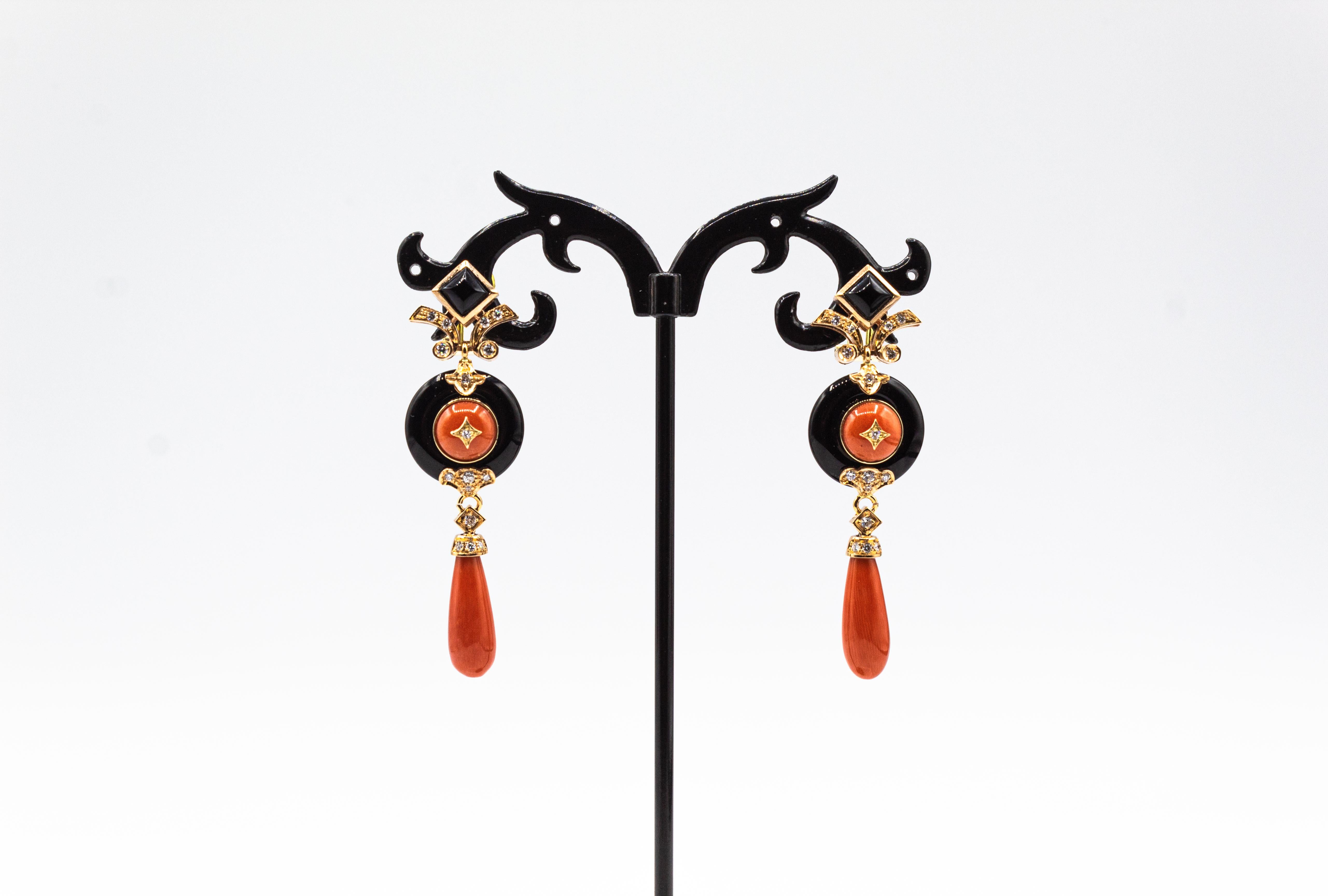Art Deco Style Mediterranean Red Coral White Diamond Onyx Yellow Gold Earrings 1
