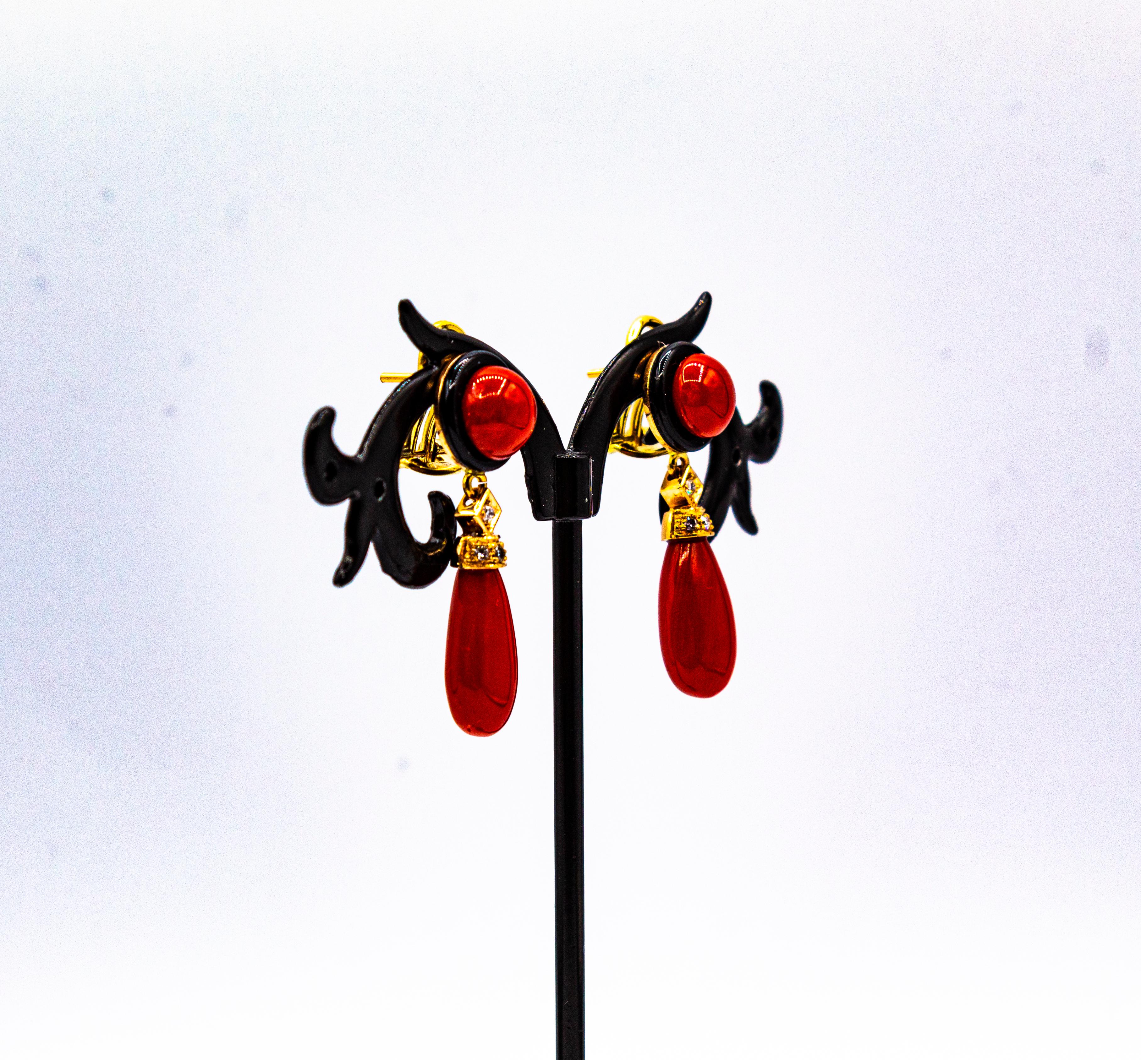 Art Deco Style Mediterranean Red Coral White Diamond Onyx Yellow Gold Earrings For Sale 1