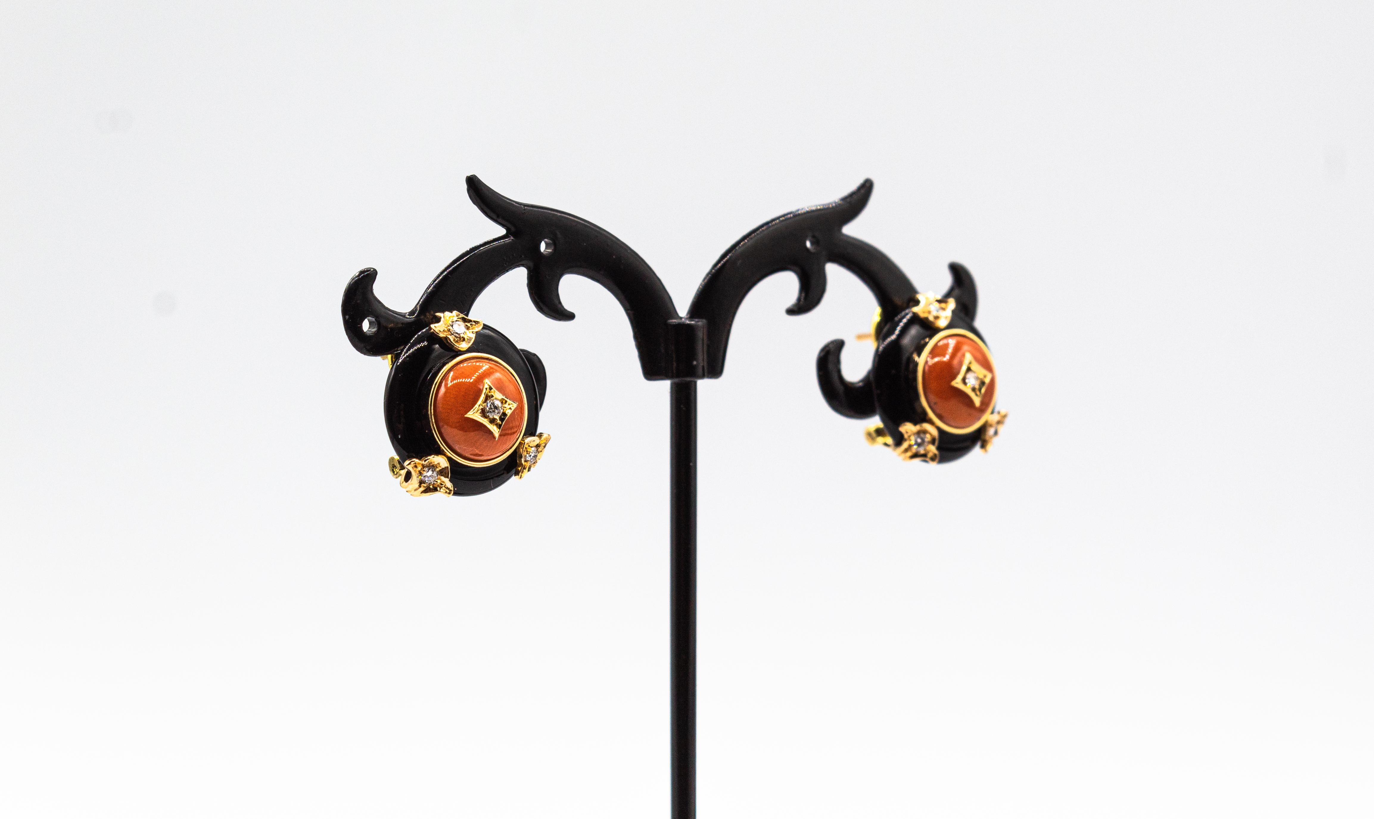 Art Deco Style Mediterranean Red Coral White Diamond Onyx Yellow Gold Earrings For Sale 2