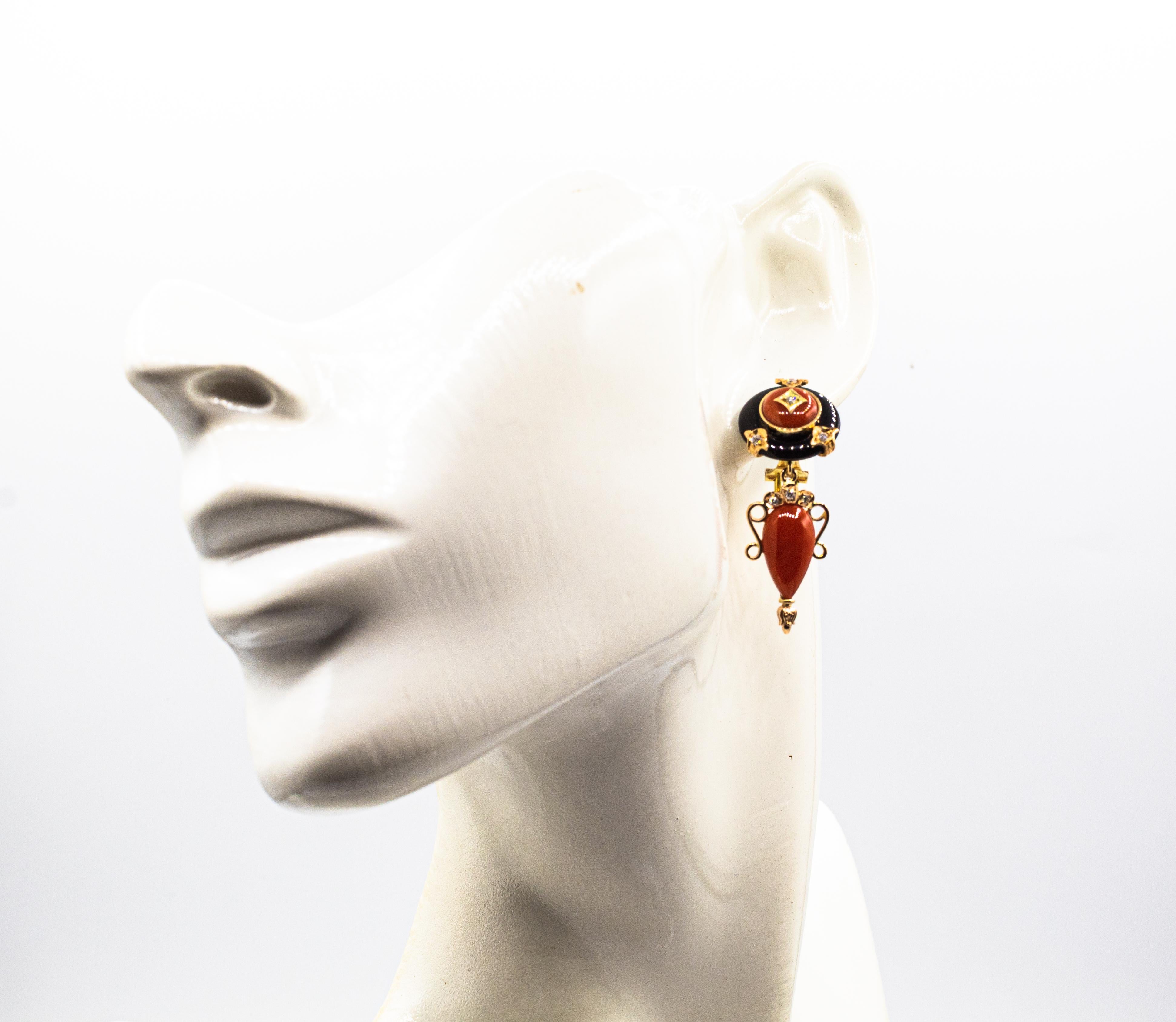 Art Deco Style Mediterranean Red Coral White Diamond Onyx Yellow Gold Earrings For Sale 2