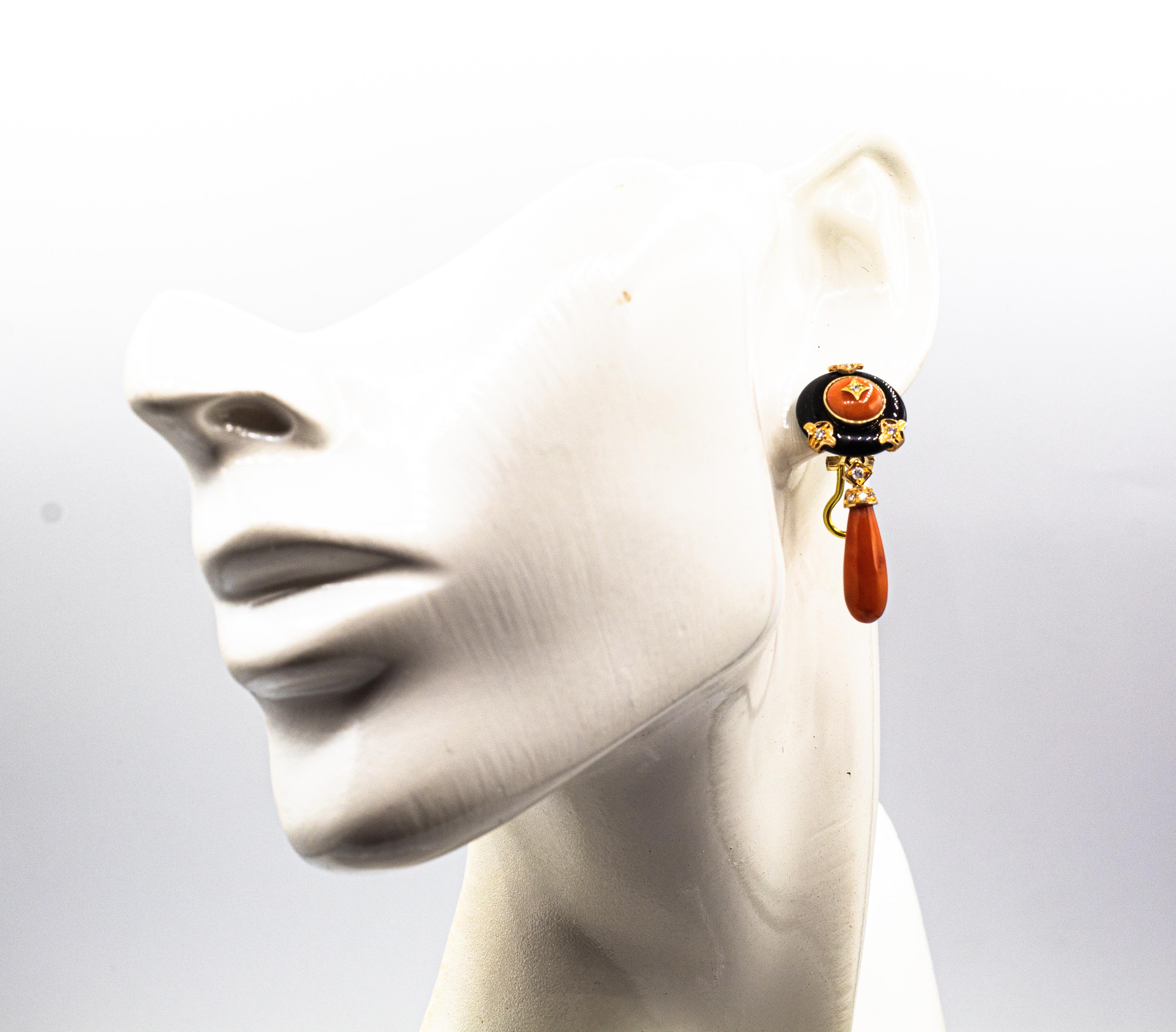Art Deco Style Mediterranean Red Coral White Diamond Onyx Yellow Gold Earrings For Sale 2