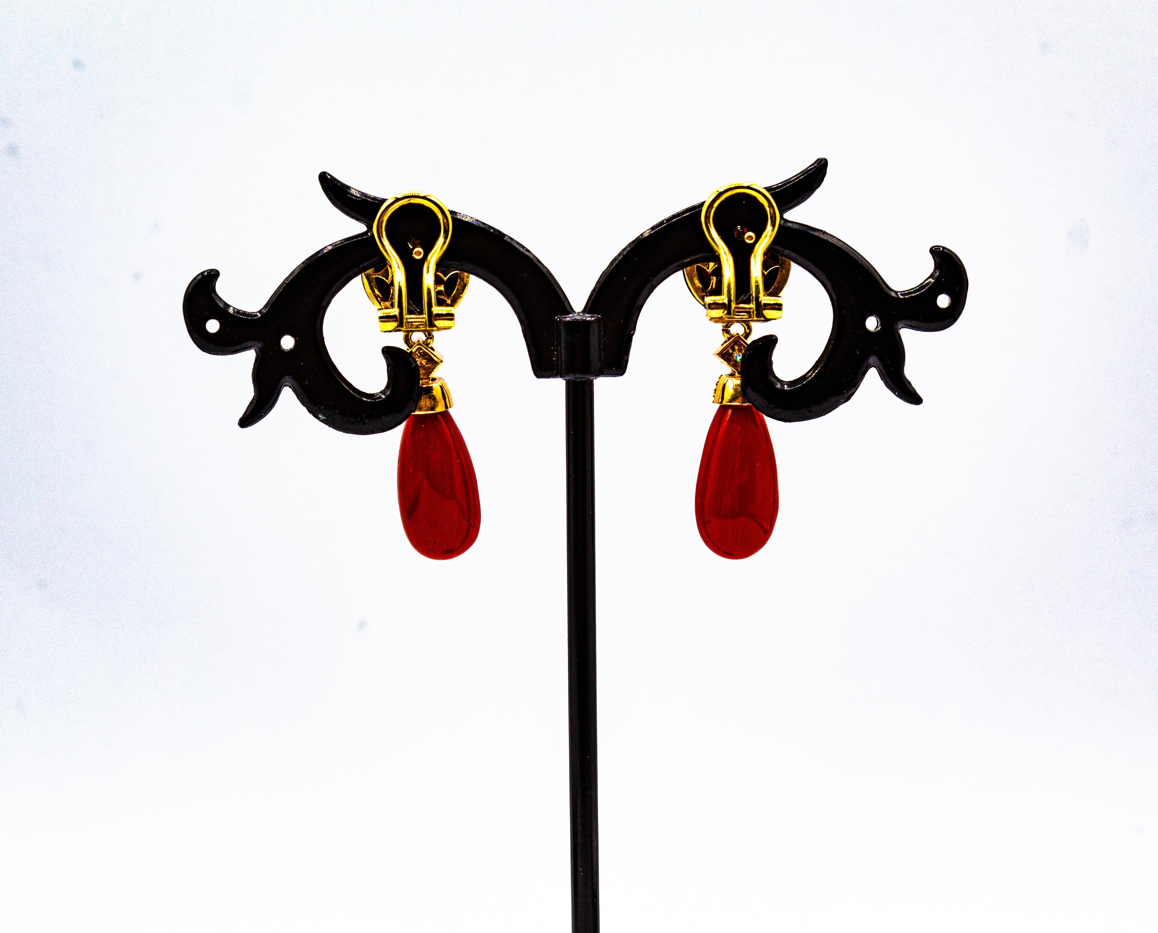 Art Deco Style Mediterranean Red Coral White Diamond Onyx Yellow Gold Earrings For Sale 2