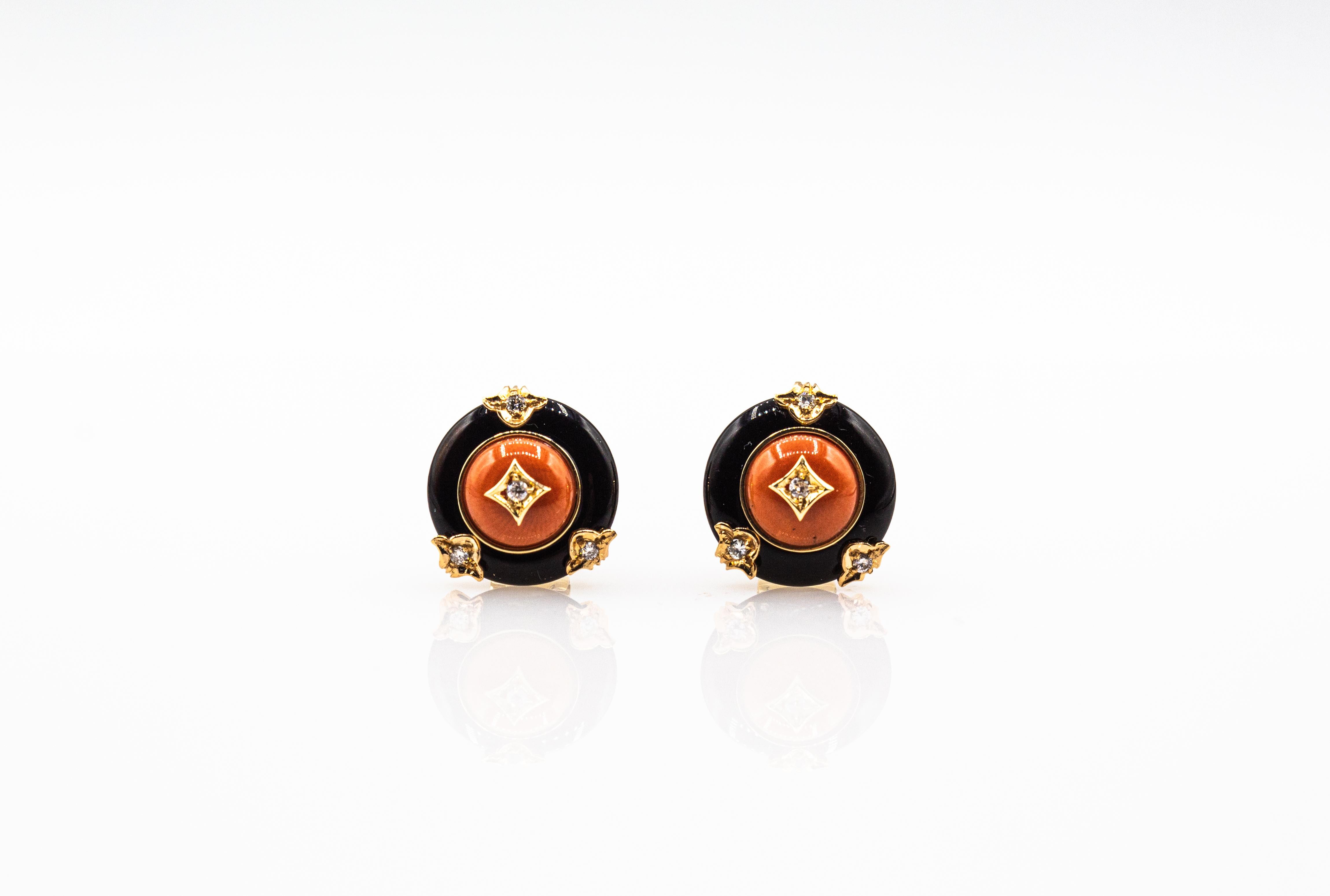 Art Deco Style Mediterranean Red Coral White Diamond Onyx Yellow Gold Earrings For Sale 3