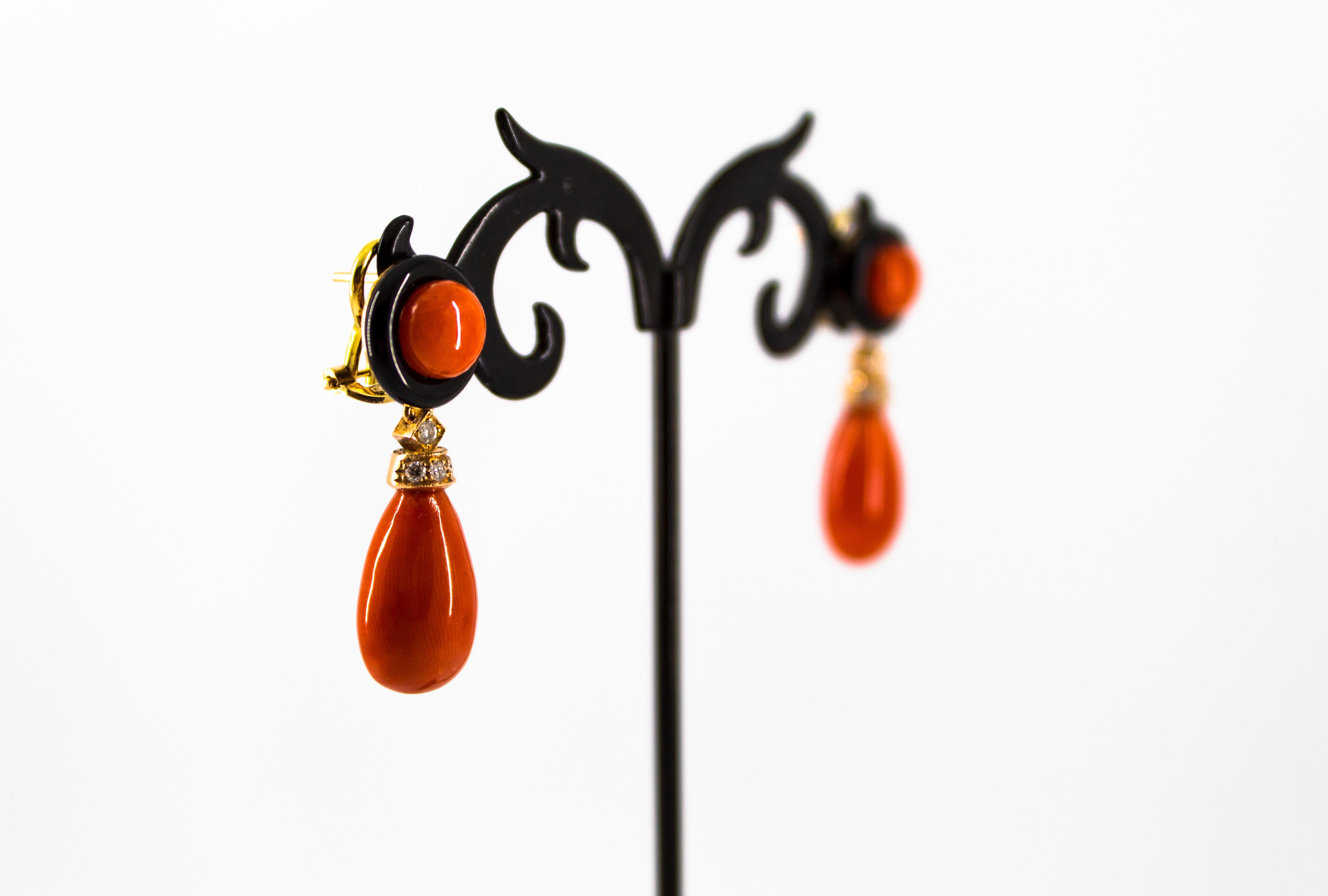 Art Deco Style Mediterranean Red Coral White Diamond Onyx Yellow Gold Earrings For Sale 3