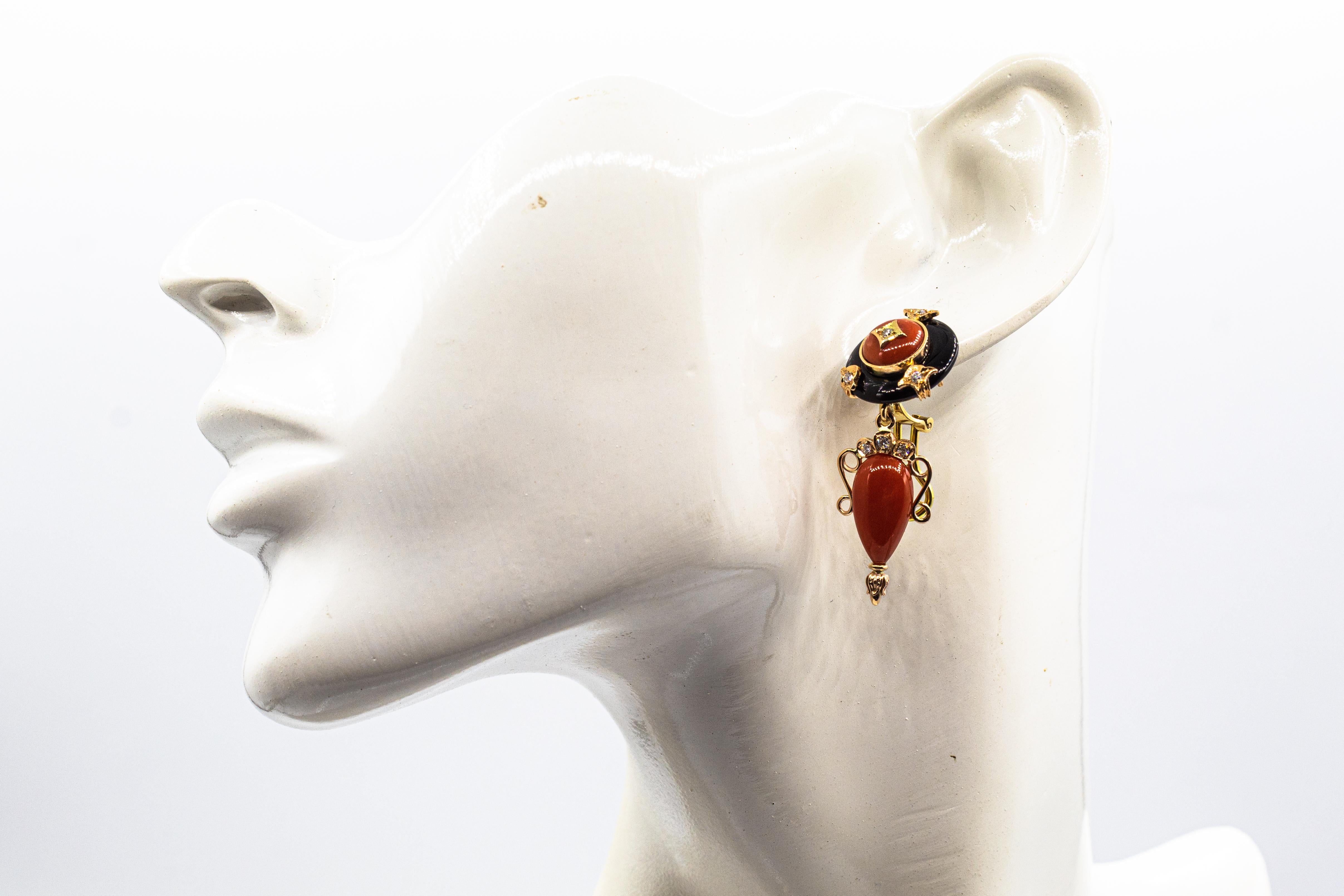 Art Deco Style Mediterranean Red Coral White Diamond Onyx Yellow Gold Earrings For Sale 3