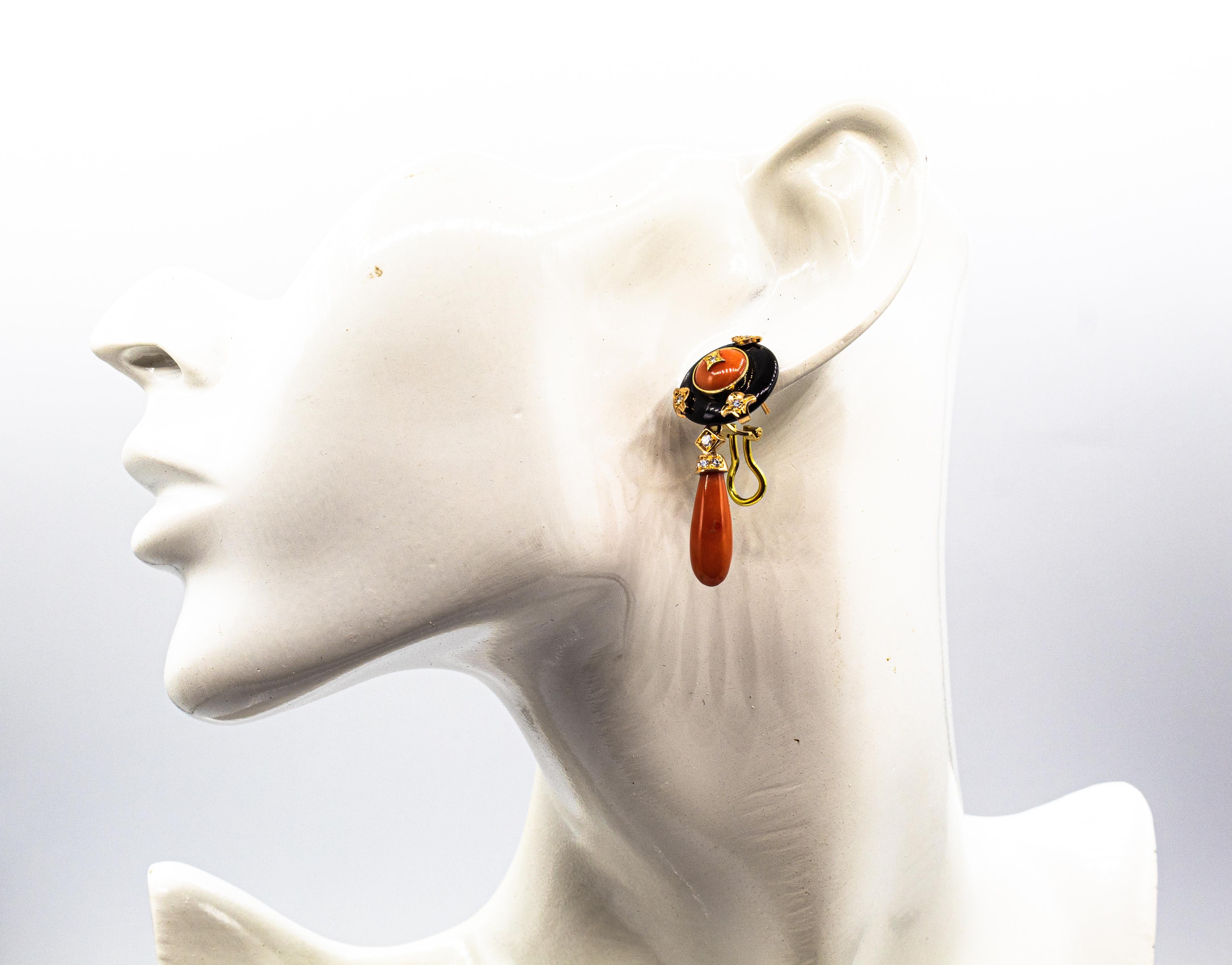 Art Deco Style Mediterranean Red Coral White Diamond Onyx Yellow Gold Earrings For Sale 3