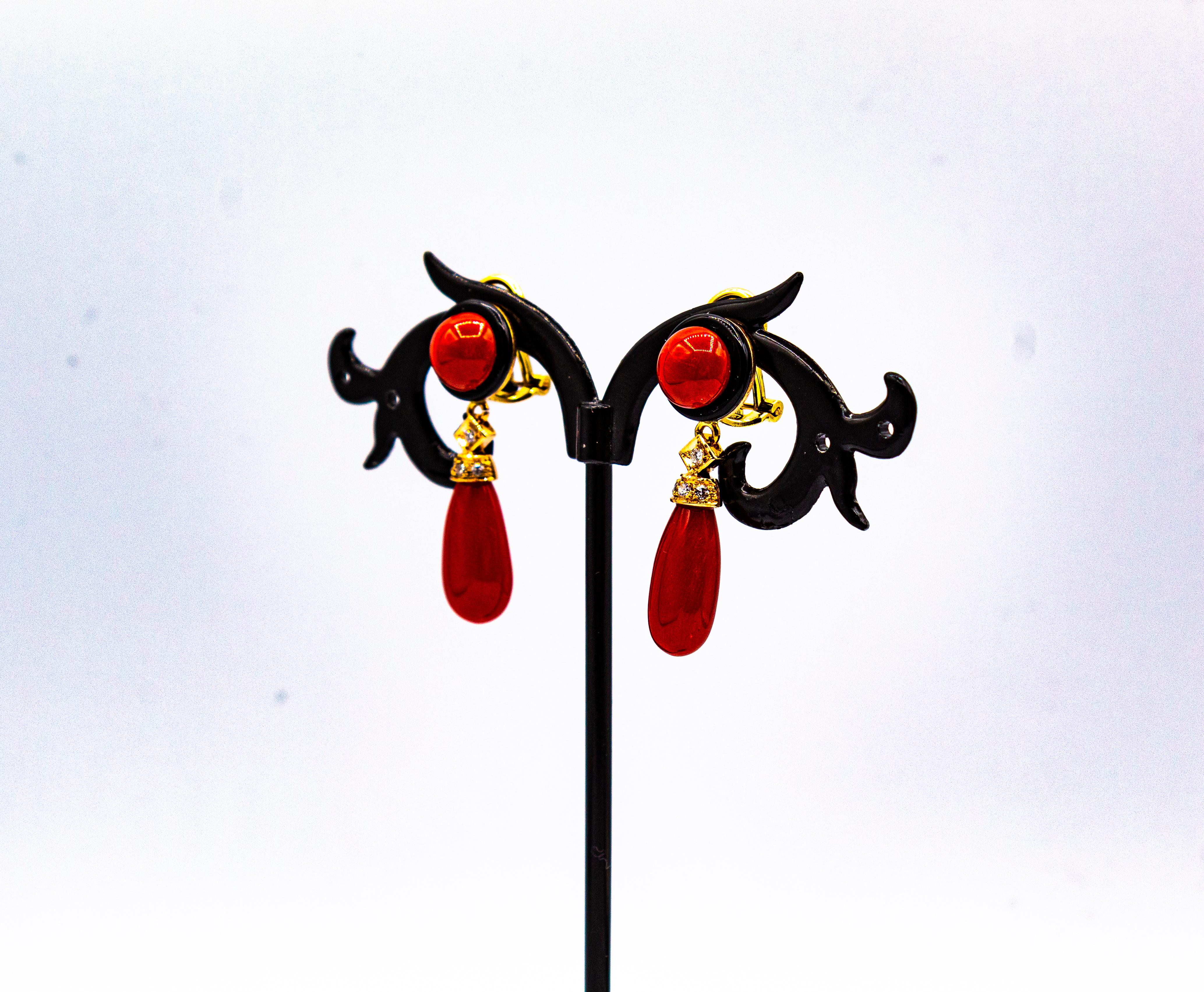 Art Deco Style Mediterranean Red Coral White Diamond Onyx Yellow Gold Earrings For Sale 3