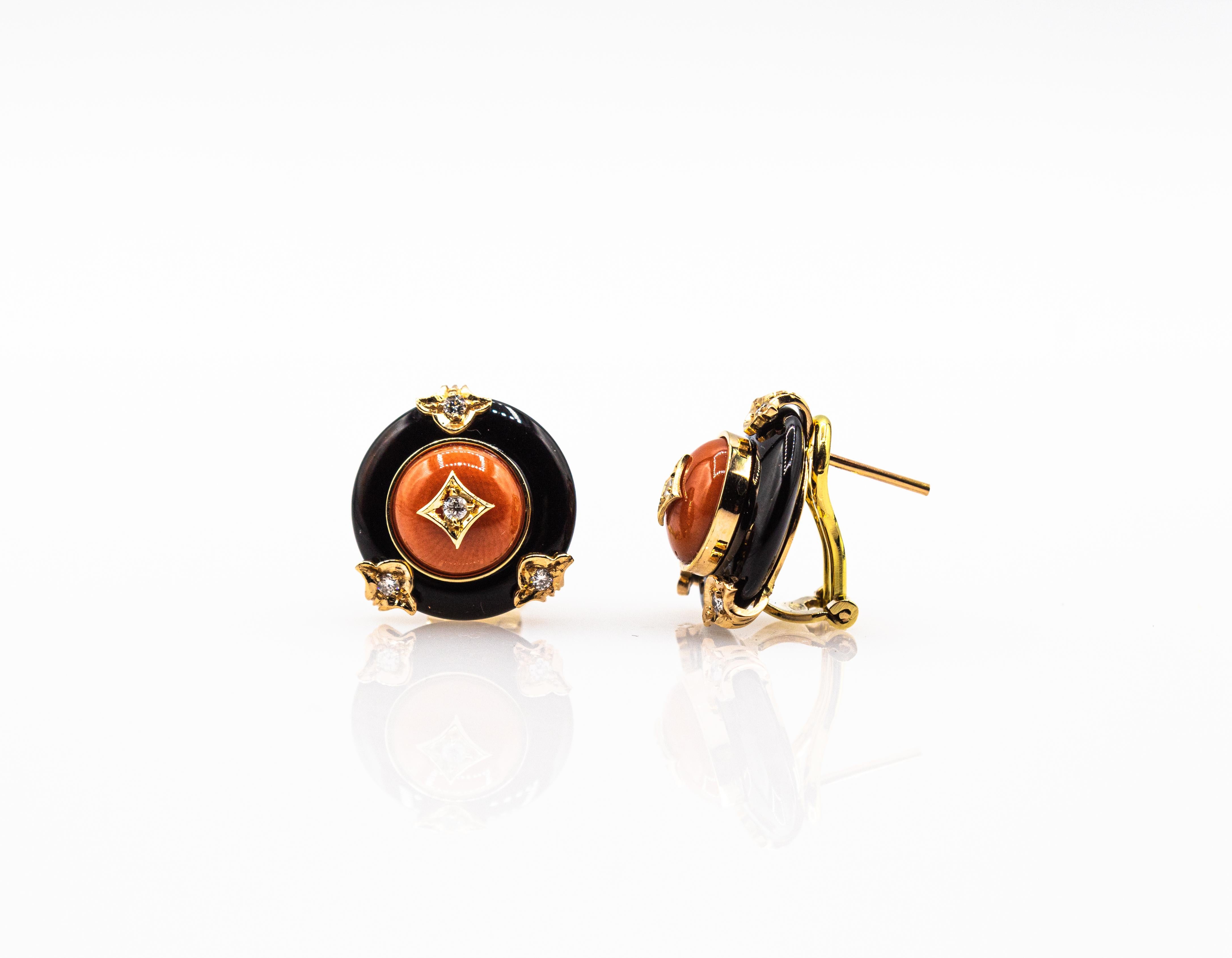 Art Deco Style Mediterranean Red Coral White Diamond Onyx Yellow Gold Earrings For Sale 4