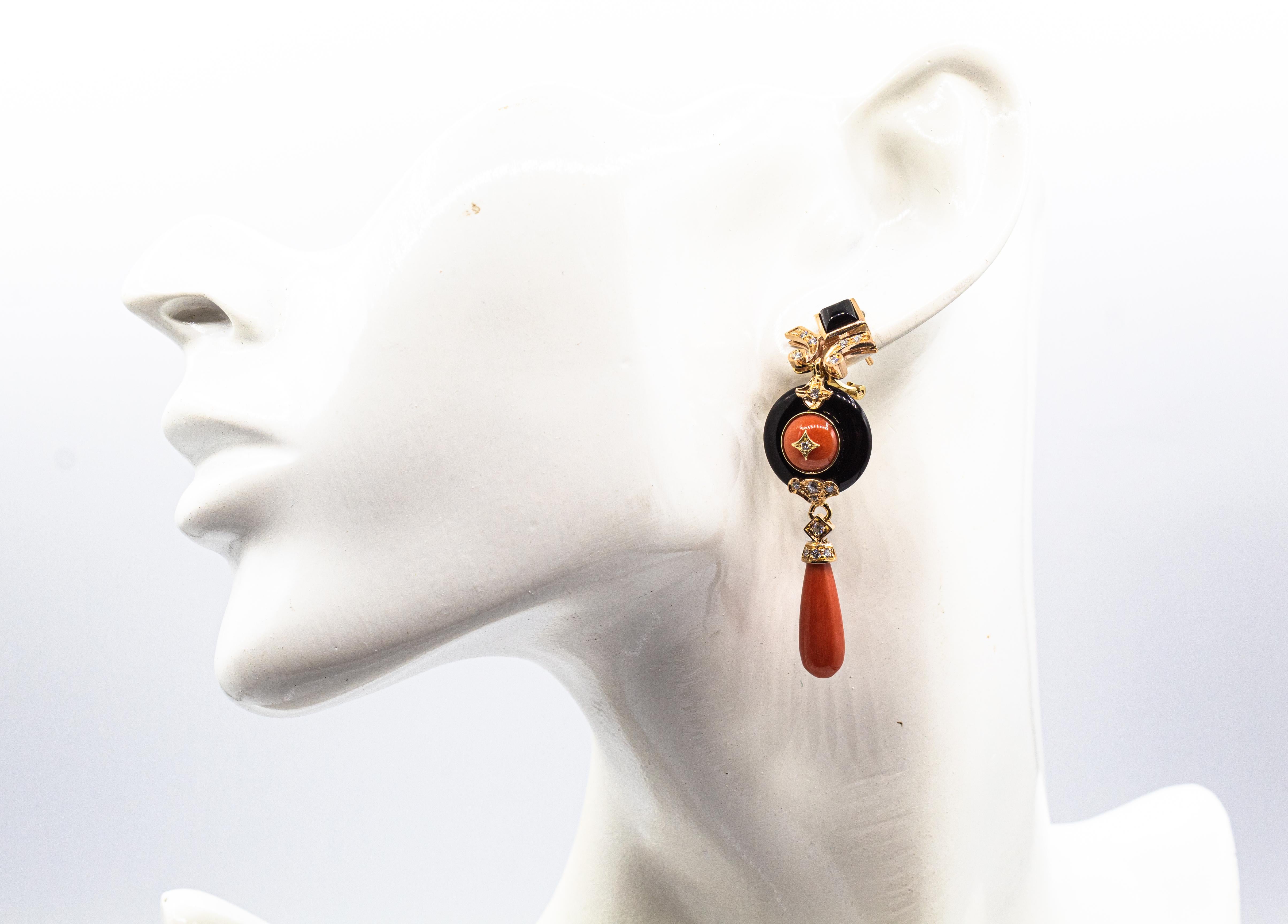 Art Deco Style Mediterranean Red Coral White Diamond Onyx Yellow Gold Earrings For Sale 4