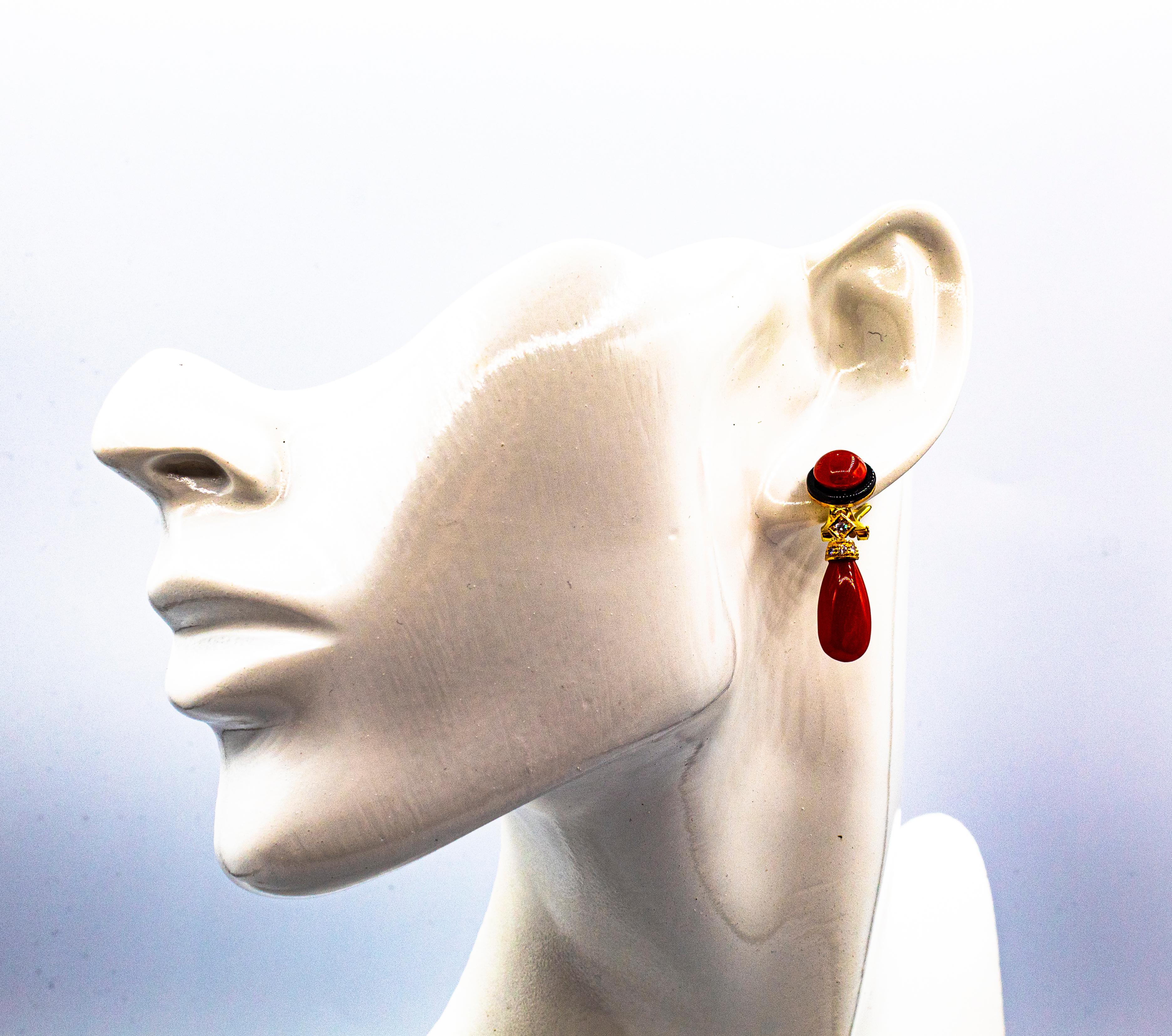 Art Deco Style Mediterranean Red Coral White Diamond Onyx Yellow Gold Earrings For Sale 4