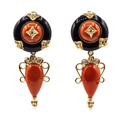 Art Deco Style Mediterranean Red Coral White Diamond Onyx Yellow Gold Earrings