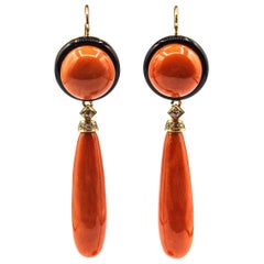 Art Deco Style Mediterranean Red Coral White Diamond Onyx Yellow Gold Earrings Art Deco Style Mediterranean Red Coral White Diamond Onyx Yellow Gold Earrings