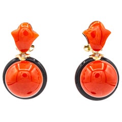 Art Deco Style Mediterranean Red Coral White Diamond Onyx Yellow Gold Earrings
