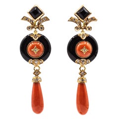 Art Deco Style Mediterranean Red Coral White Diamond Onyx Yellow Gold Earrings