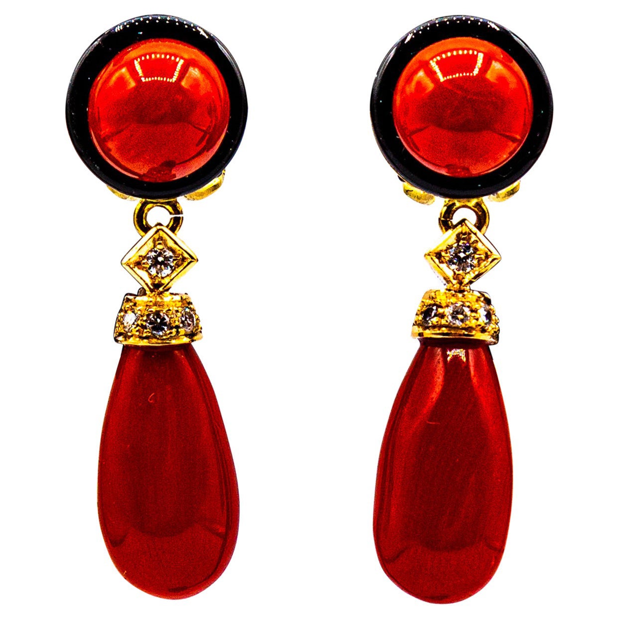 Art Deco Style Mediterranean Red Coral White Diamond Onyx Yellow Gold Earrings For Sale