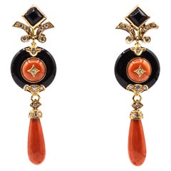 Art Deco Style Mediterranean Red Coral White Diamond Onyx Yellow Gold Earrings