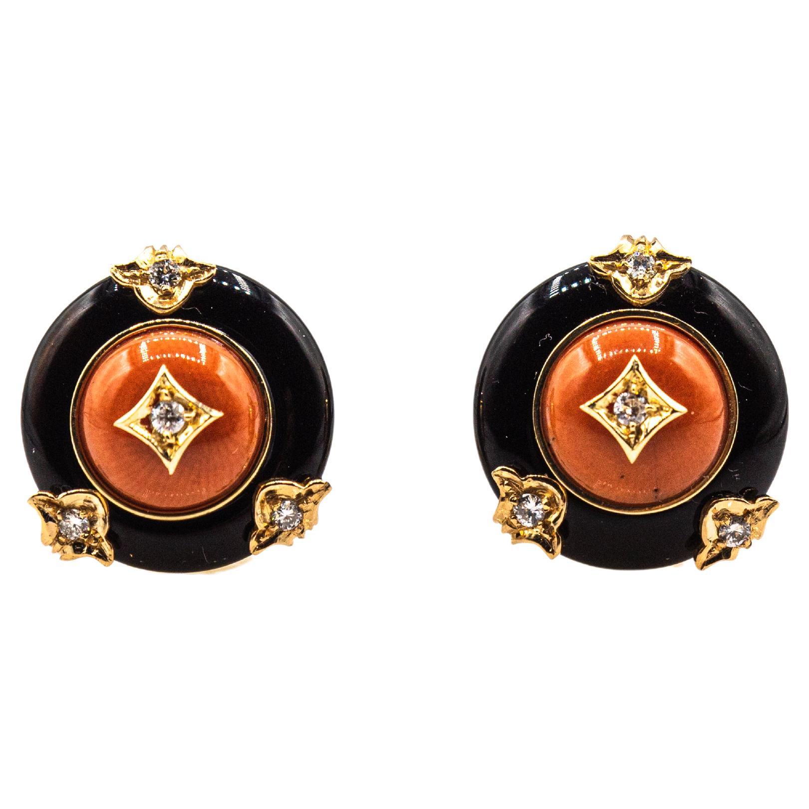 Art Deco Style Mediterranean Red Coral White Diamond Onyx Yellow Gold Earrings