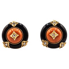 Art Deco Style Mediterranean Red Coral White Diamond Onyx Yellow Gold Earrings