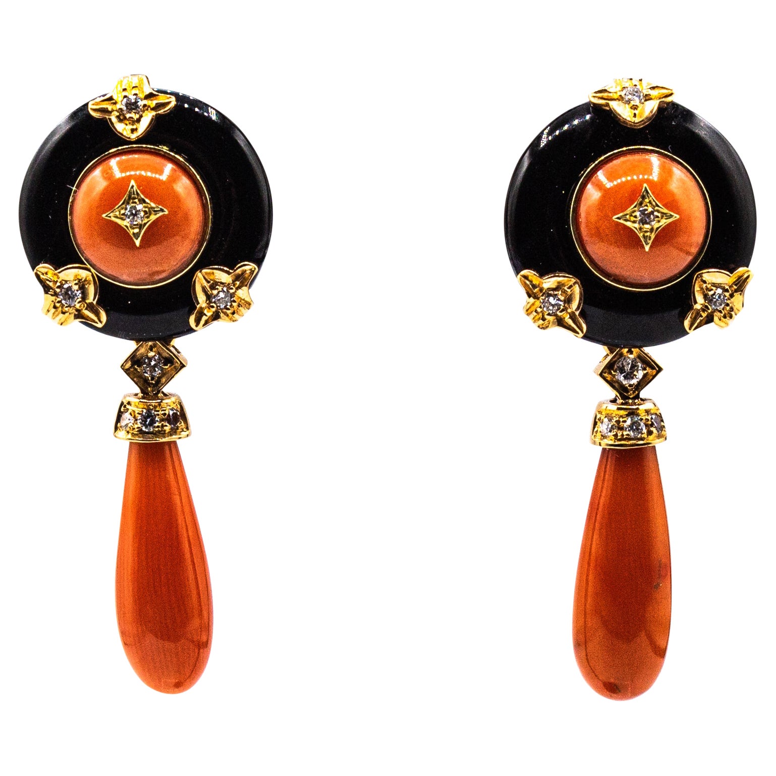 Art Deco Style Mediterranean Red Coral White Diamond Onyx Yellow Gold Earrings