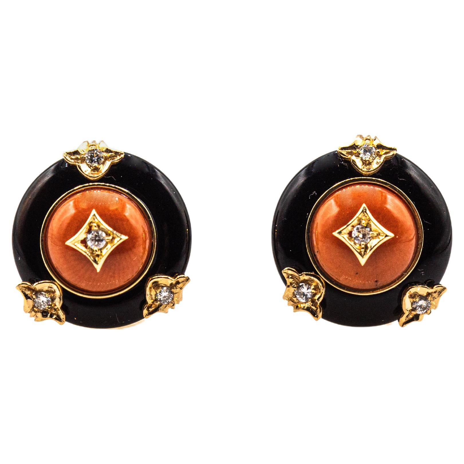 Onyx-Ohrringe im Art-déco-Stil mit mediterraner roter Koralle und weißen Diamanten im Angebot