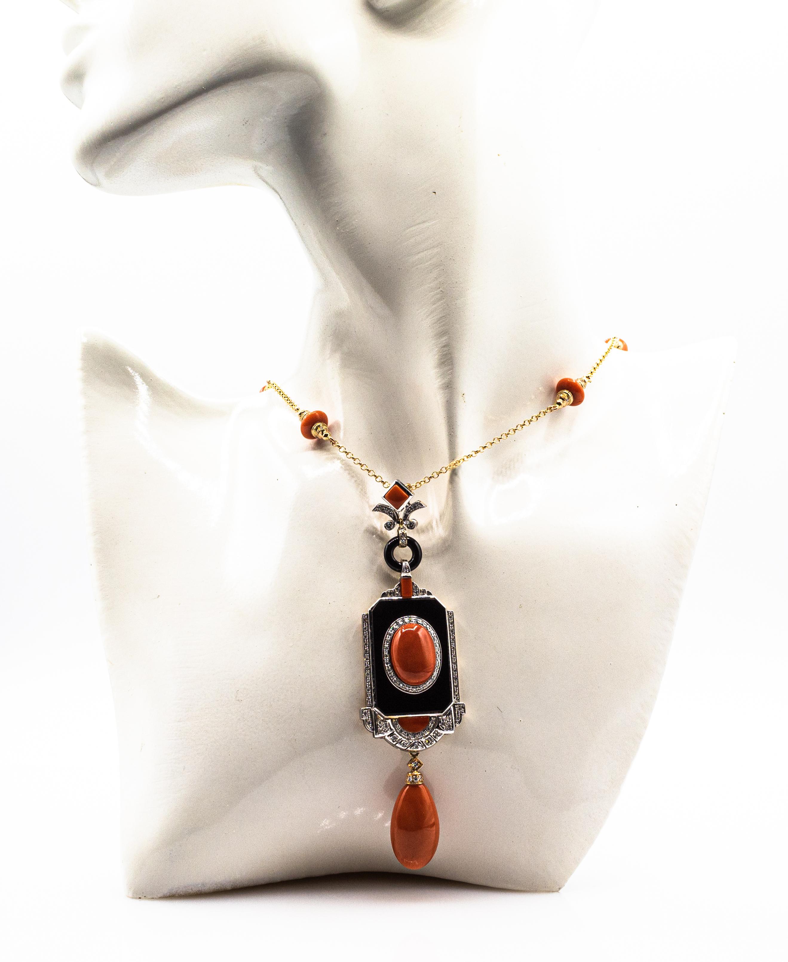 Art Deco Style Mediterranean Red Coral White Diamond Onyx Yellow Gold Necklace For Sale 5