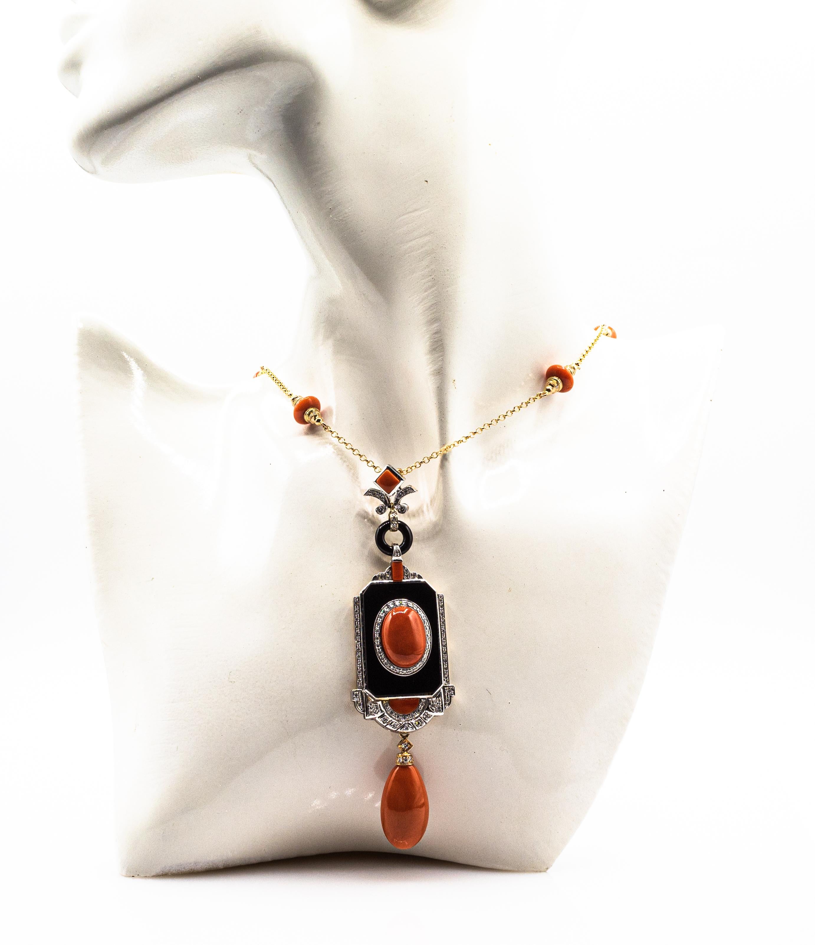 Art Deco Style Mediterranean Red Coral White Diamond Onyx Yellow Gold Necklace For Sale 6