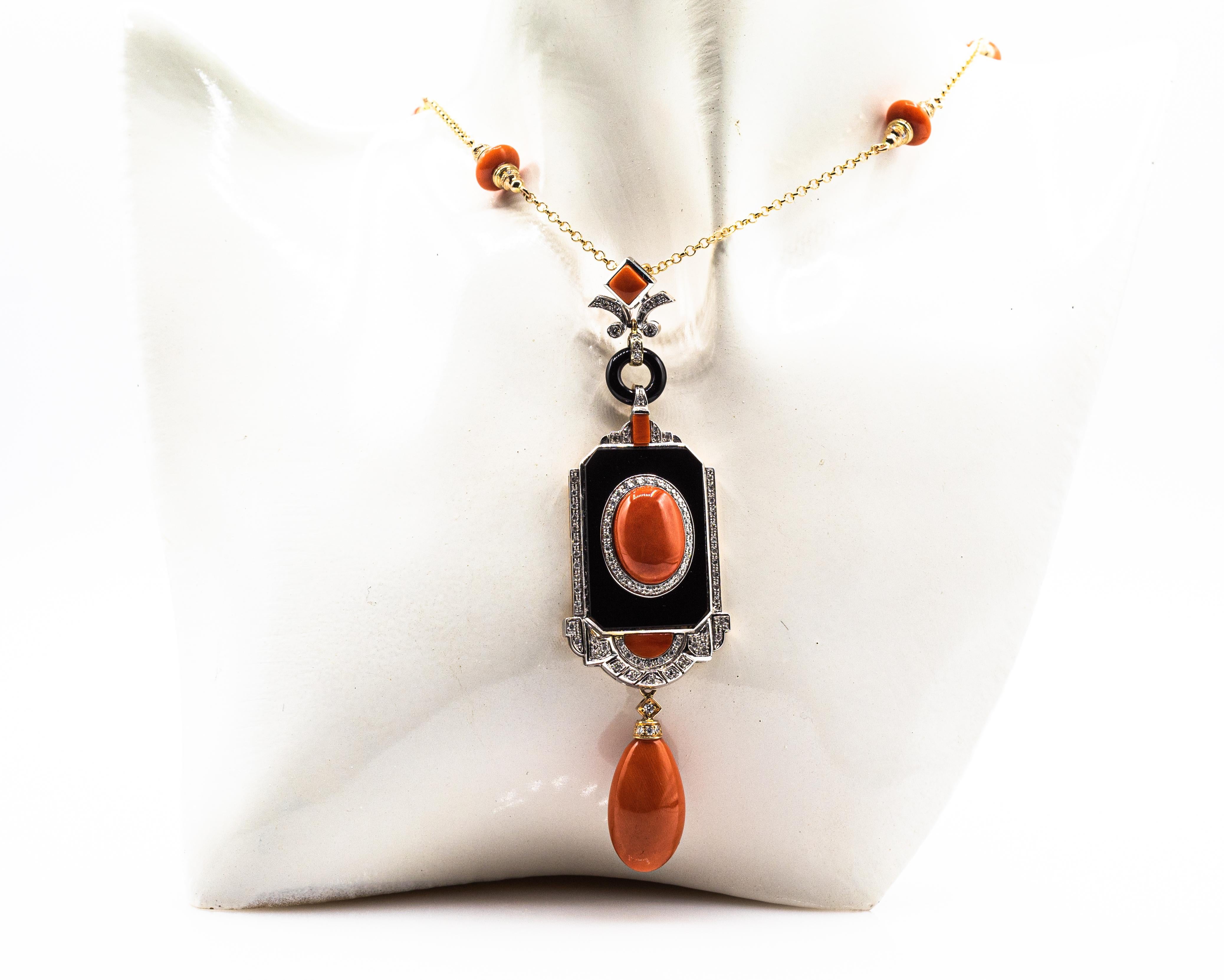 Art Deco Style Mediterranean Red Coral White Diamond Onyx Yellow Gold Necklace For Sale 7