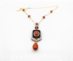 Onyx-Halskette im Art-déco-Stil mit mediterraner roter Koralle und weißen Diamanten