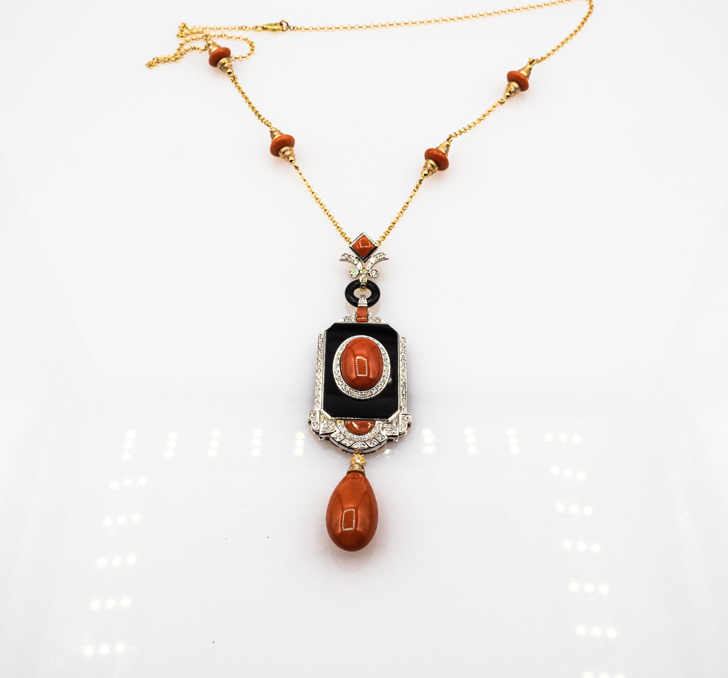 Brilliant Cut Art Deco Style Mediterranean Red Coral White Diamond Onyx Yellow Gold Necklace For Sale