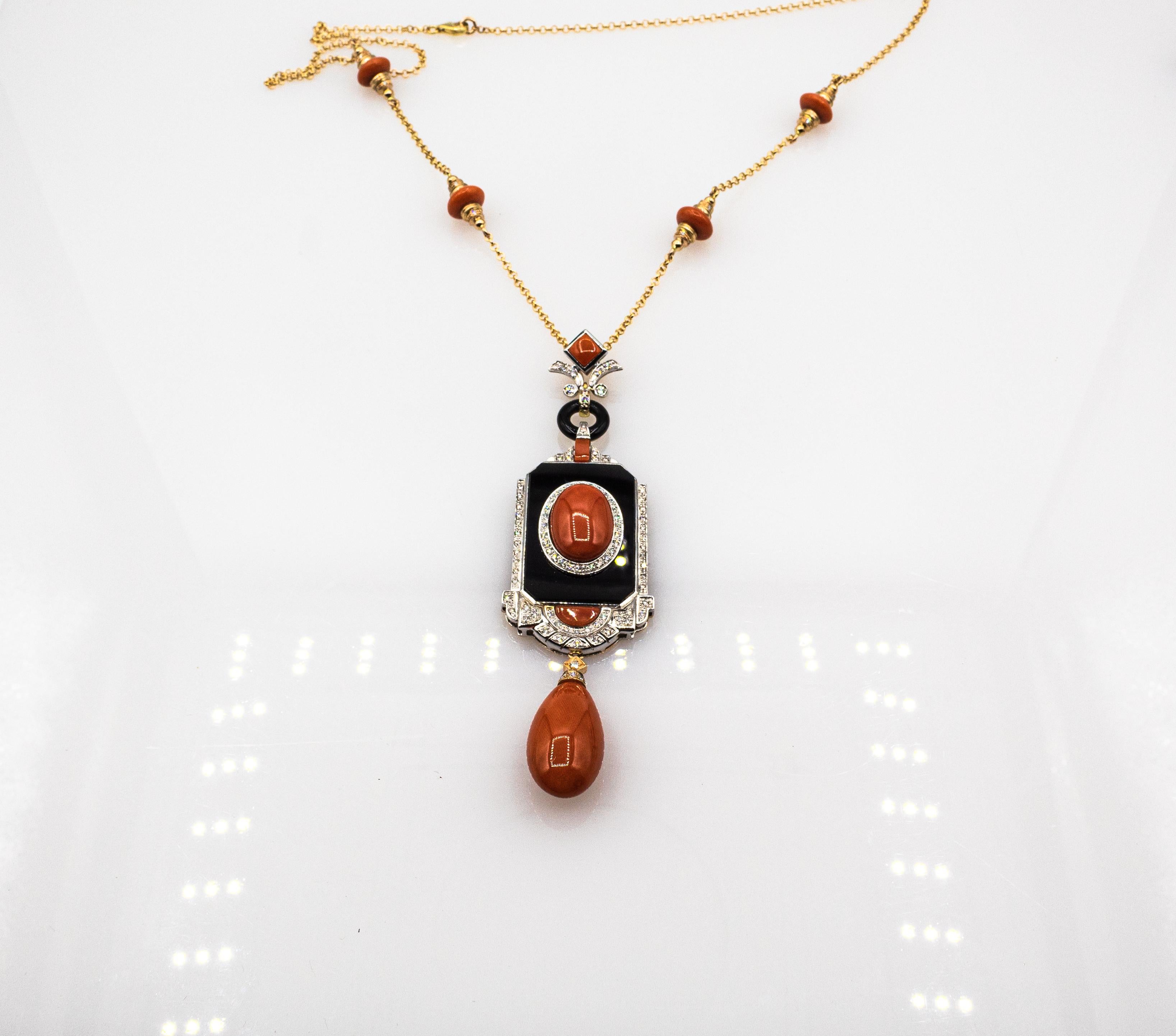 Art Deco Style Mediterranean Red Coral White Diamond Onyx Yellow Gold Necklace In New Condition For Sale In Naples, IT