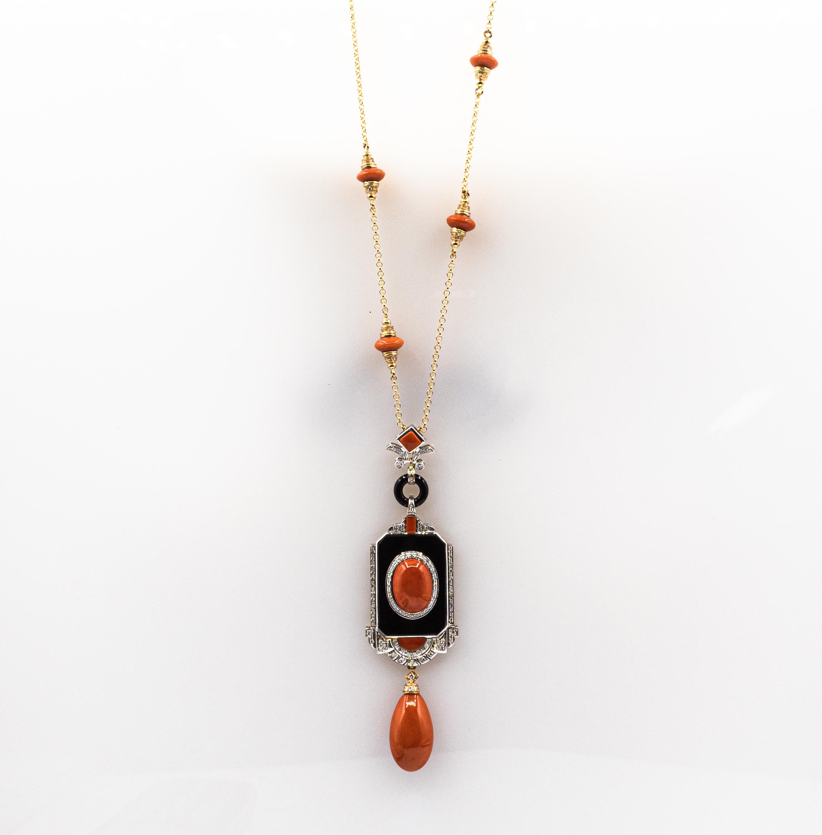 Women's or Men's Art Deco Style Mediterranean Red Coral White Diamond Onyx Yellow Gold Necklace For Sale