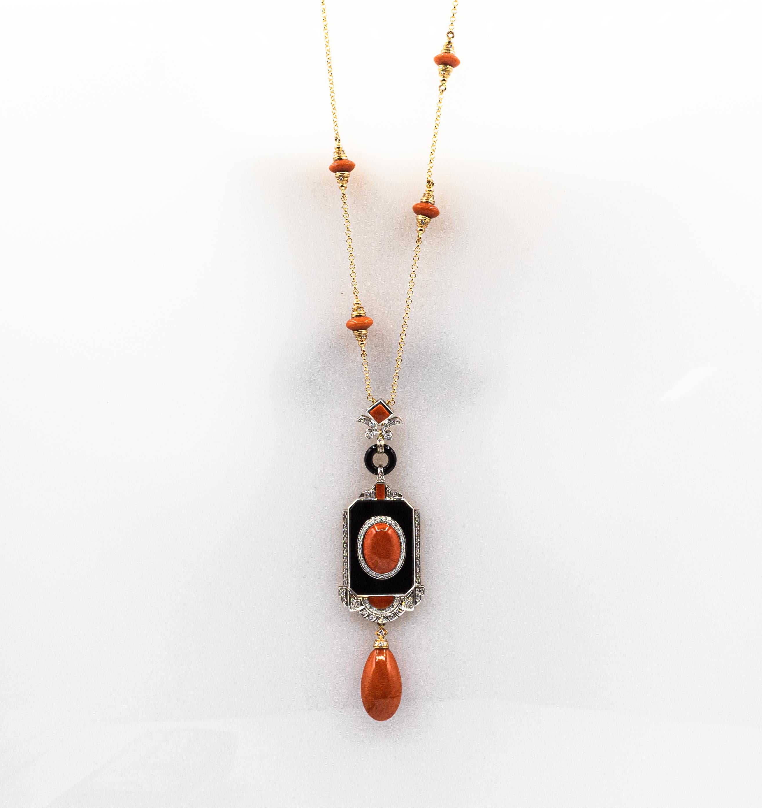 Art Deco Style Mediterranean Red Coral White Diamond Onyx Yellow Gold Necklace For Sale 1